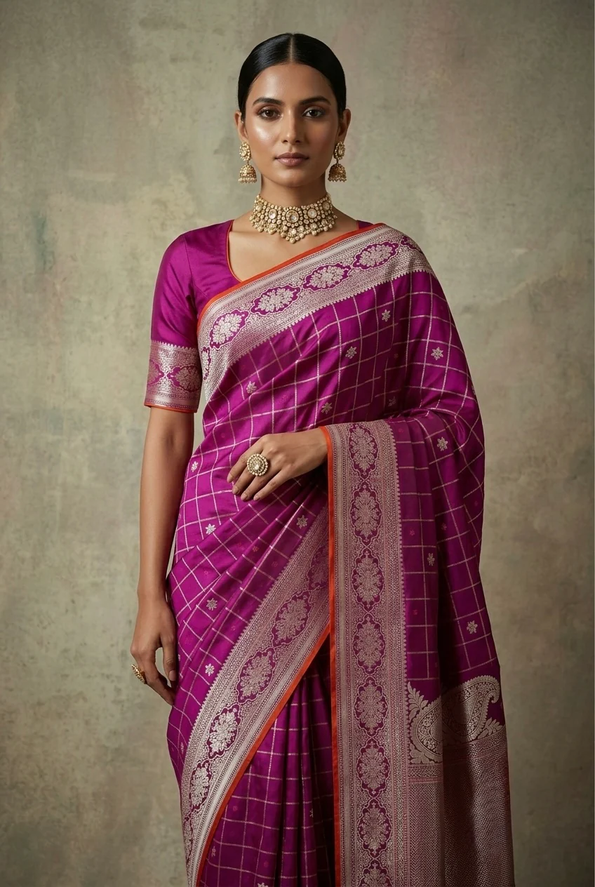 Magenta Pink Handwoven Pure Banarasi Satin Silk Saree – Kadwa Weave, Pure Satin Silk