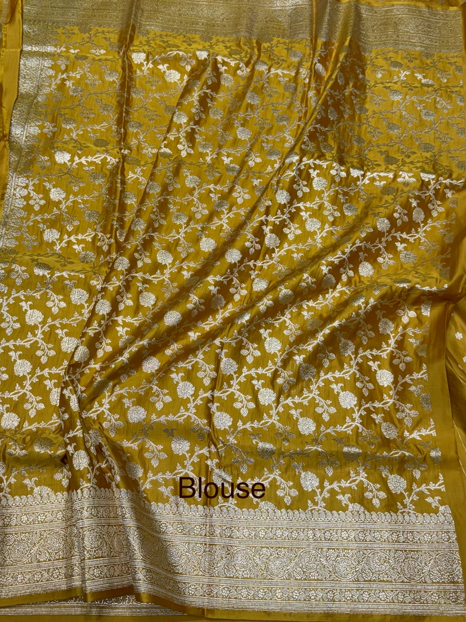 Yellow Handwoven Vintage Pure Banarasi Satin Silk Saree – Cutwork Weave, Pure Satin Silk - Image 4