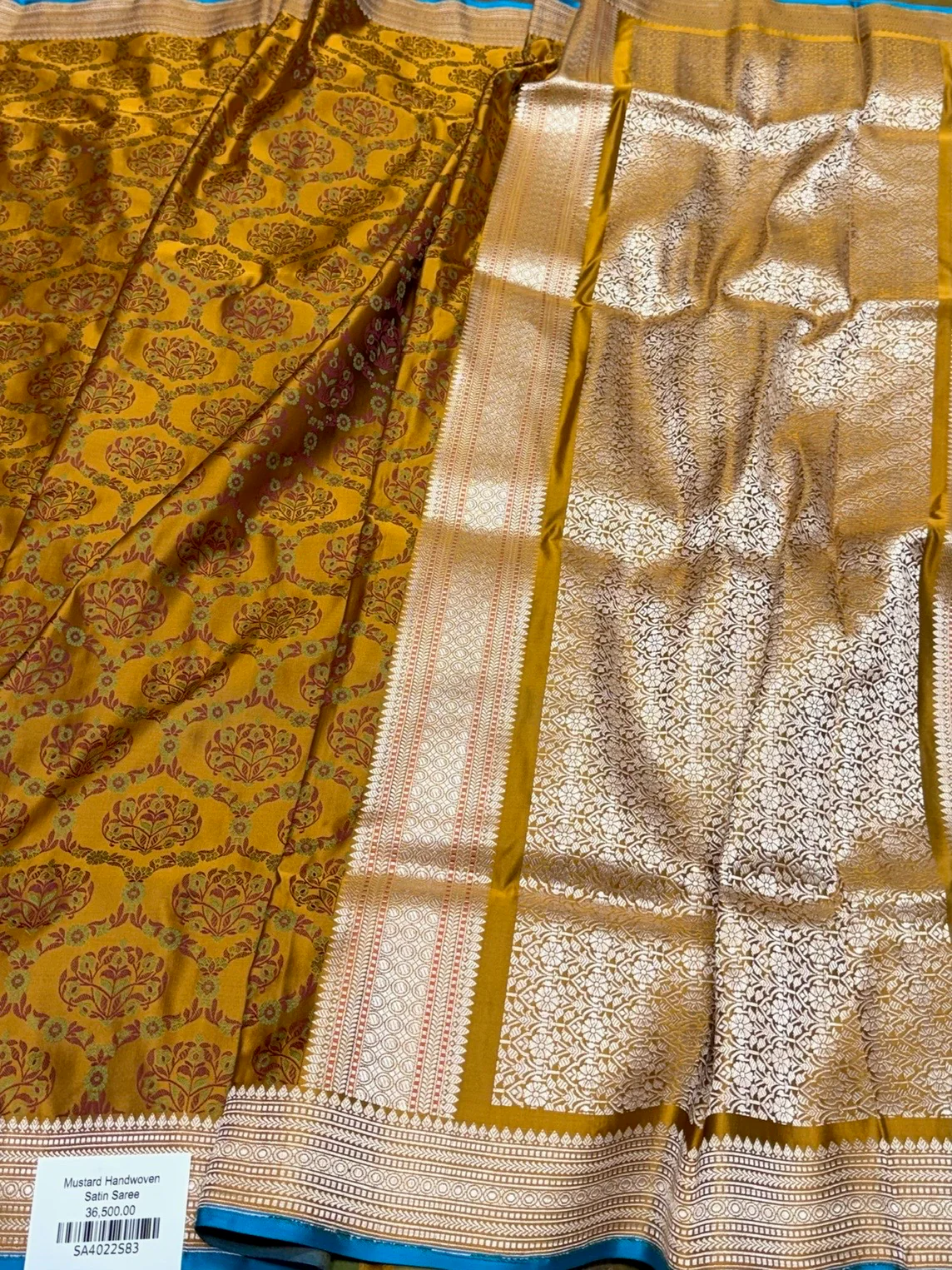 Mustard Yellow Handwoven Pure Banarasi Satin Tanchoi Silk Saree - Image 3