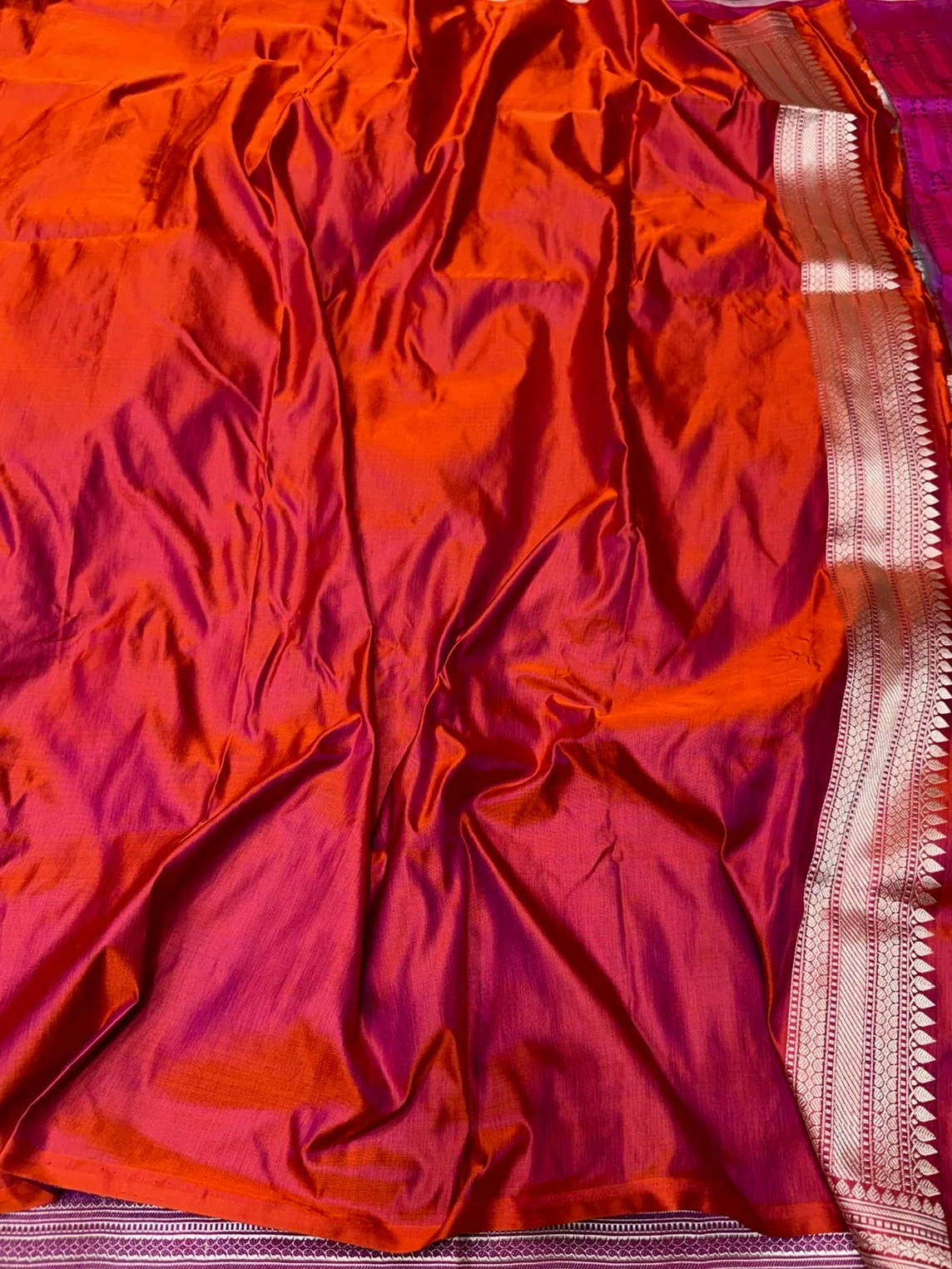 Orange Handwoven Pure Banarasi Satin Tanchoi Silk Saree - Image 3