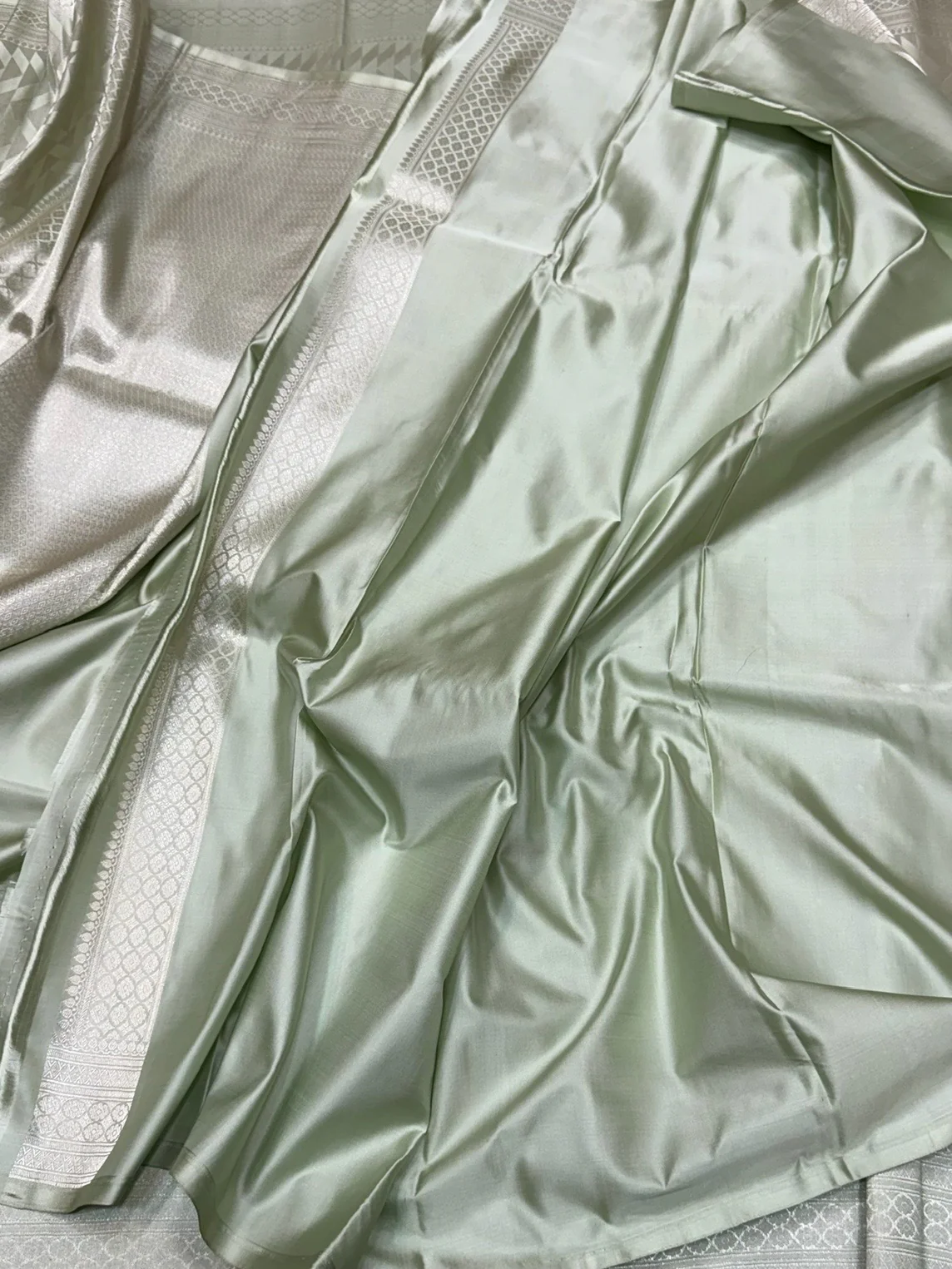 Mint Green Handwoven Pure Banarasi Satin Tanchoi Silk Saree – Cutwork Weave | Pure Satin Silk | Pastel Banarasi Elegance - Image 2