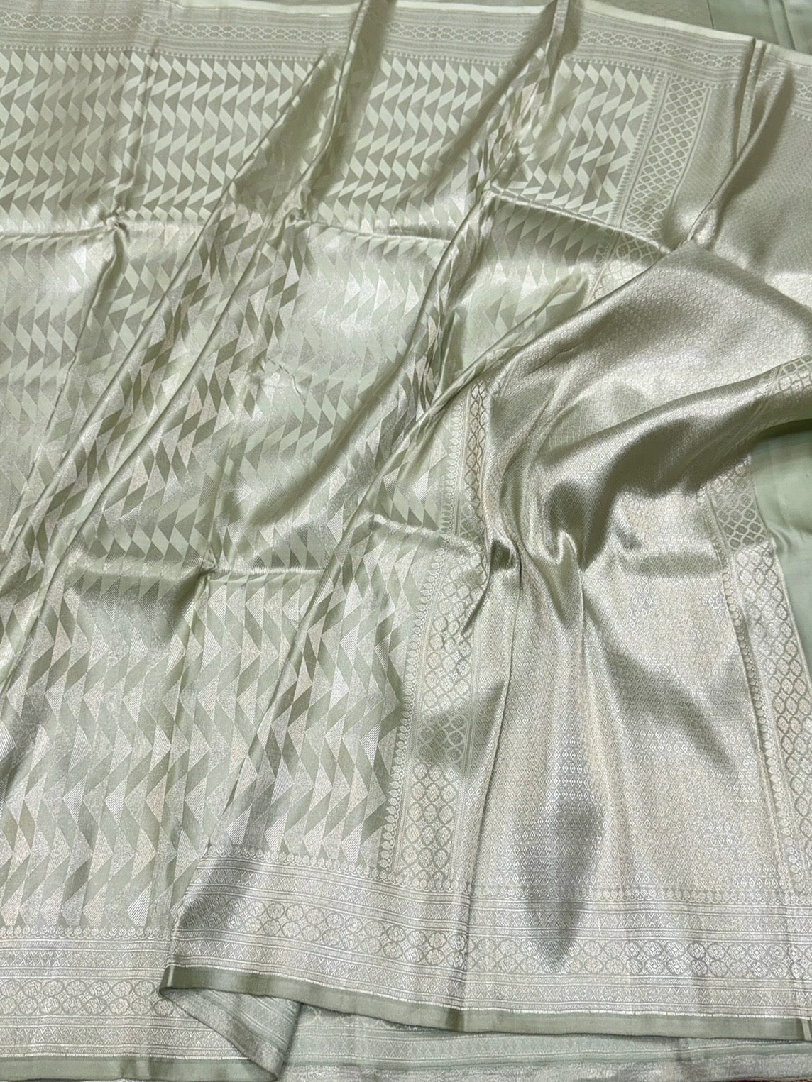 Mint Green Handwoven Pure Banarasi Satin Tanchoi Silk Saree – Cutwork Weave | Pure Satin Silk | Pastel Banarasi Elegance - Image 3