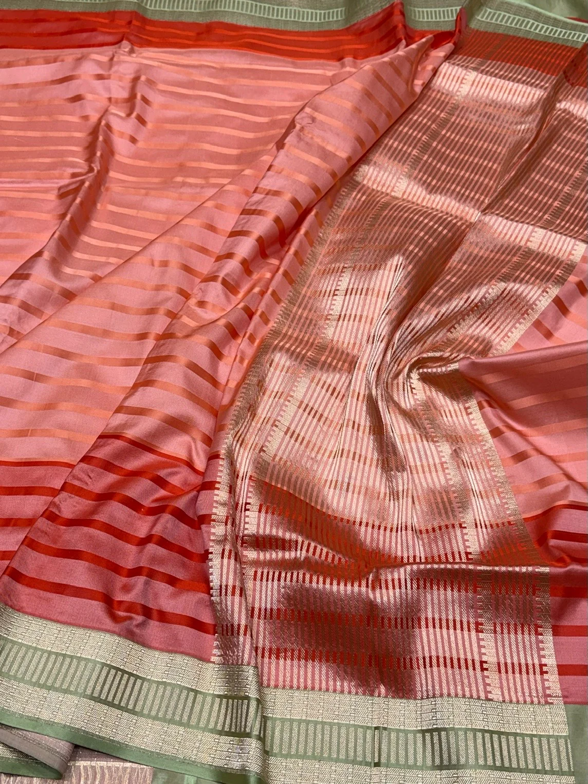 Peach Handwoven Pure Banarasi Satin Tanchoi Silk Saree – Kadwa Weave | Authentic Banaras Handloom - Image 2