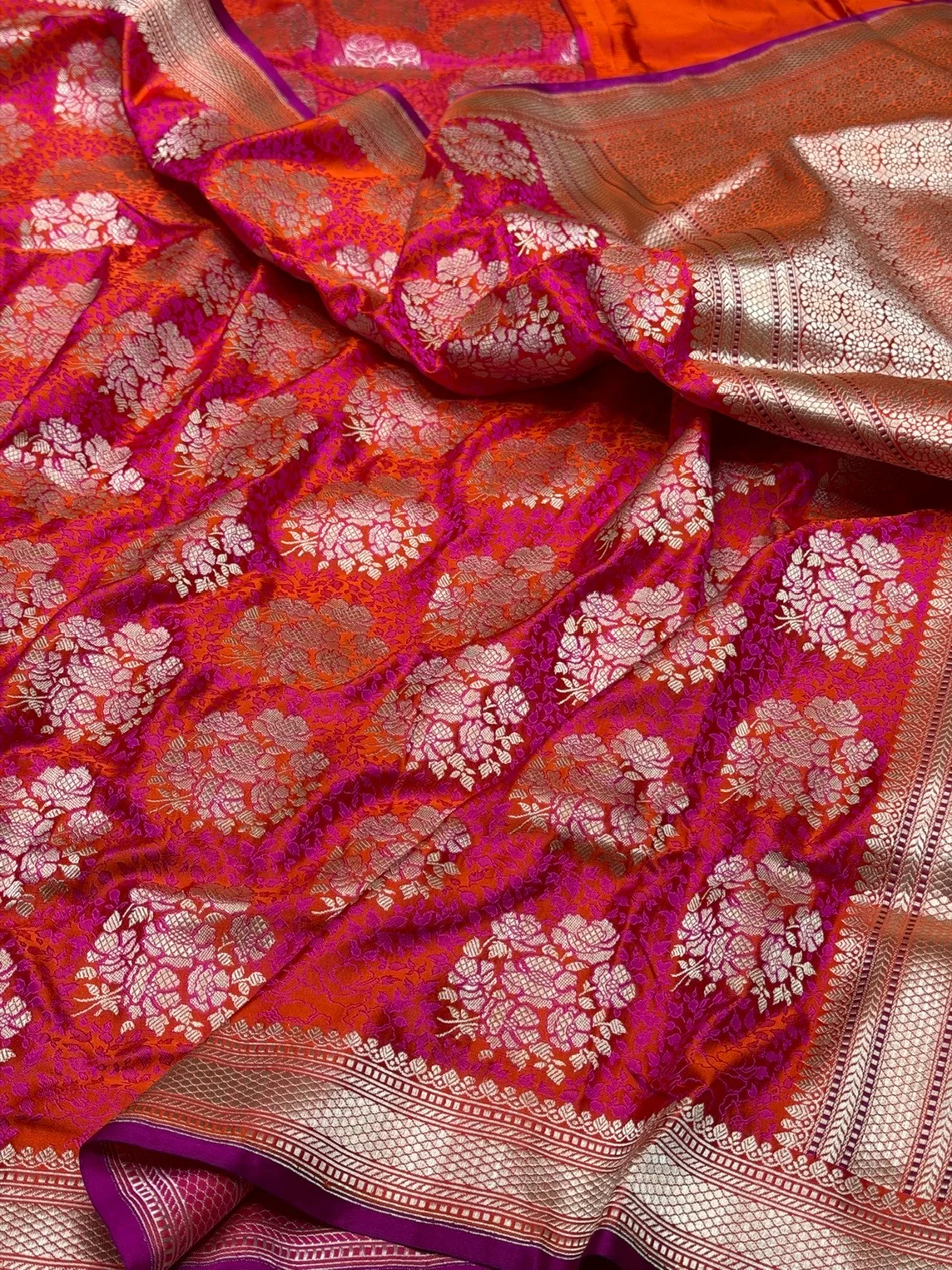 Orangish Pink Handwoven Pure Banarasi Satin Tanchoi Silk Saree – Kadwa Weave | Authentic Banaras Handloom