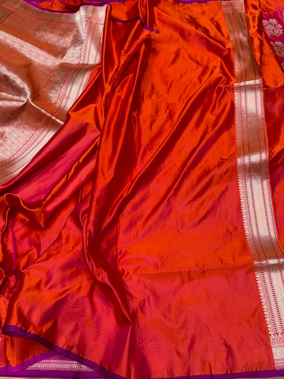 Orangish Pink Handwoven Pure Banarasi Satin Tanchoi Silk Saree – Kadwa Weave | Authentic Banaras Handloom - Image 2