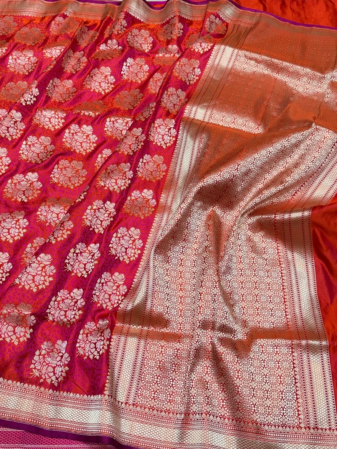 Orangish Pink Handwoven Pure Banarasi Satin Tanchoi Silk Saree – Kadwa Weave | Authentic Banaras Handloom - Image 3
