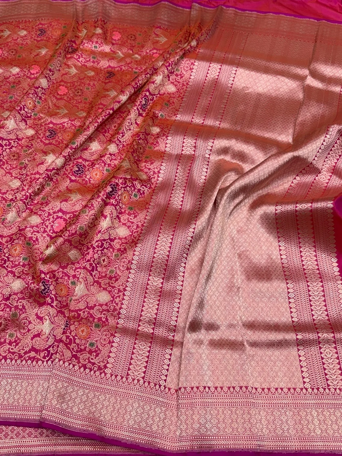 Rani Pink Handwoven Pure Banarasi Silk Brocade Saree - Image 3