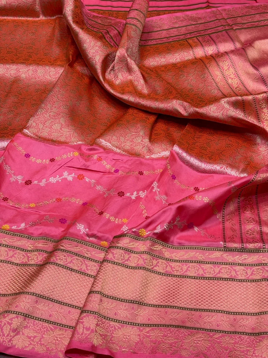 Orangish Pink Handwoven Pure Banarasi Silk Kadwa Saree – 100% Pure Katan Mulberry Silk, Premium Brocade Weave