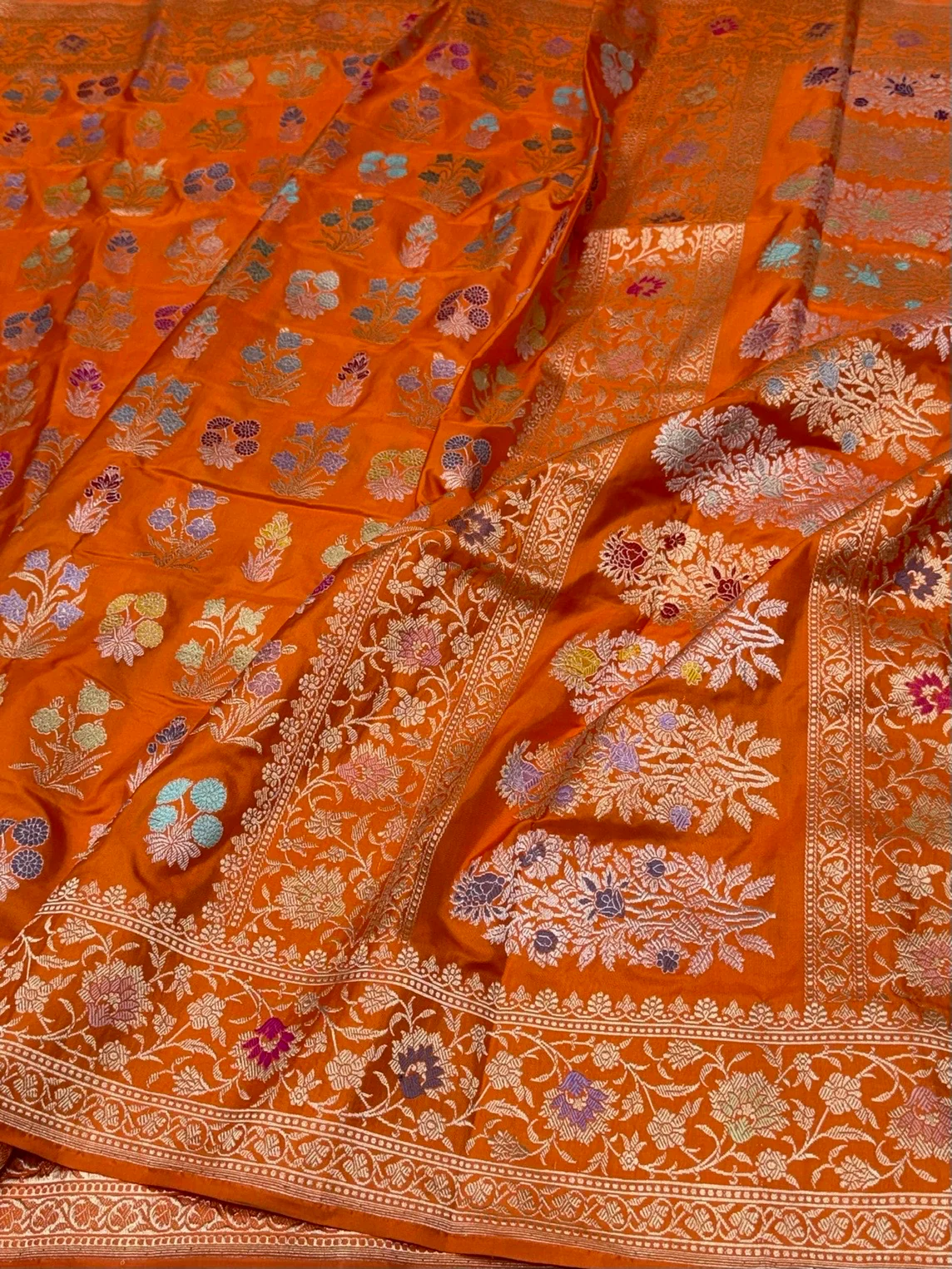 Orange Handwoven Pure Banarasi Silk Saree | Pure Katan Silk | Kadwa Weave | HMR Handlooms - Image 3