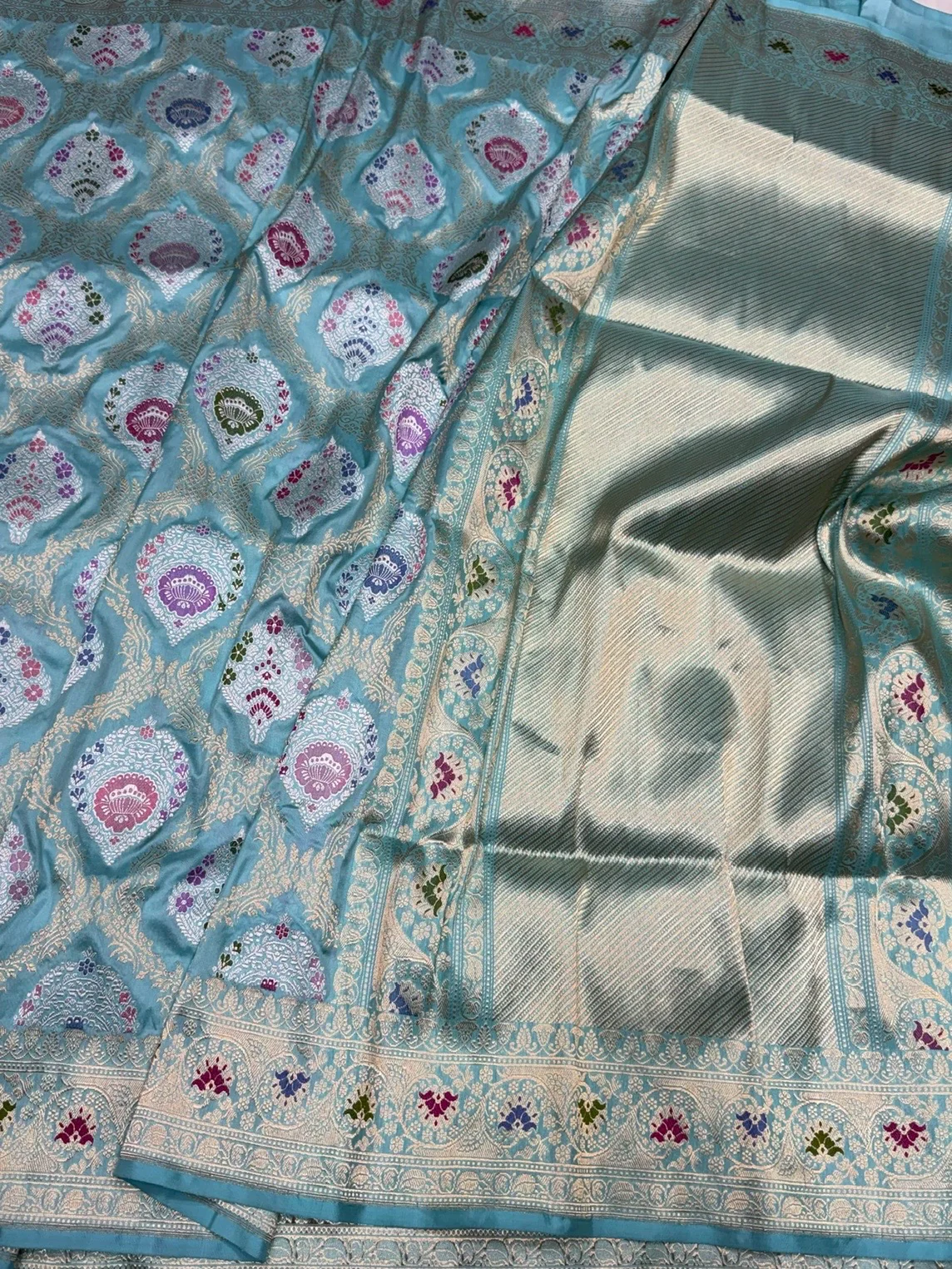 Sky Blue Handwoven Pure Banarasi Silk Saree - Image 3