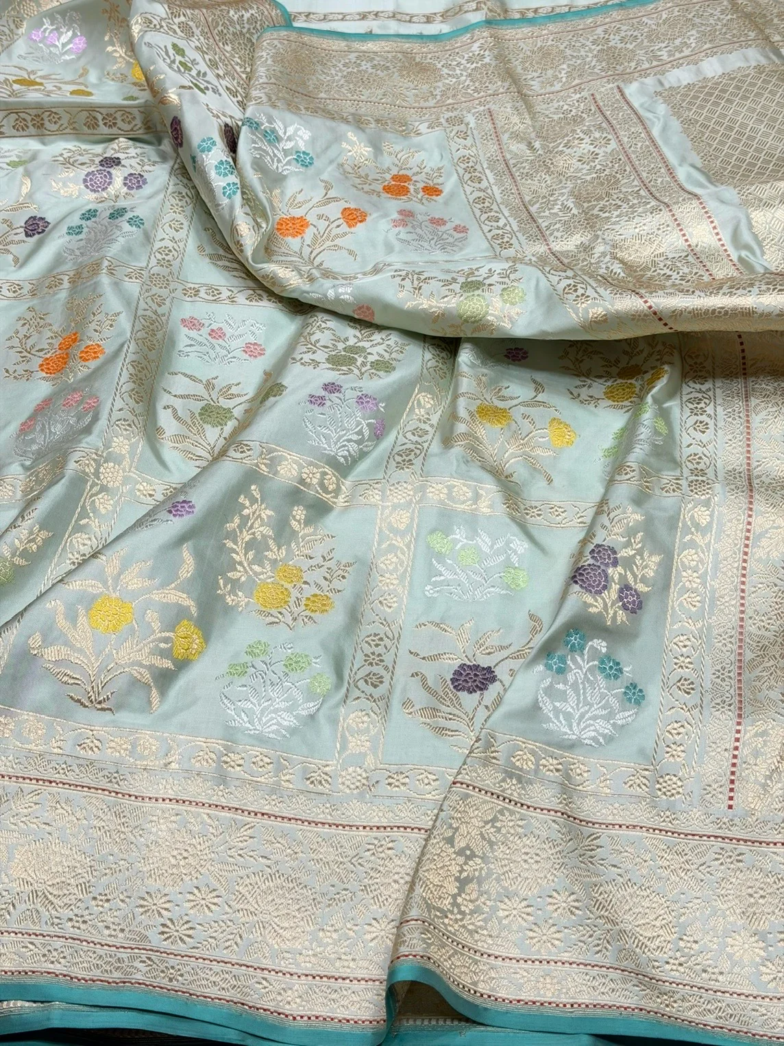 Char Bagh Sage Green Handwoven Pure Banarasi Silk Saree | Pure Katan Silk | Kadwa Weave | HMR Handlooms