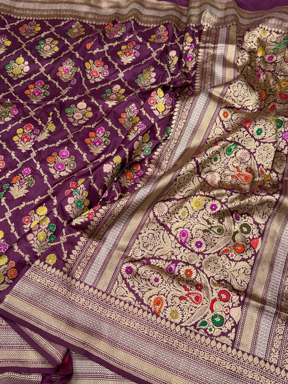 Wine Handwoven Pure Banarasi Silk Saree - Image 3