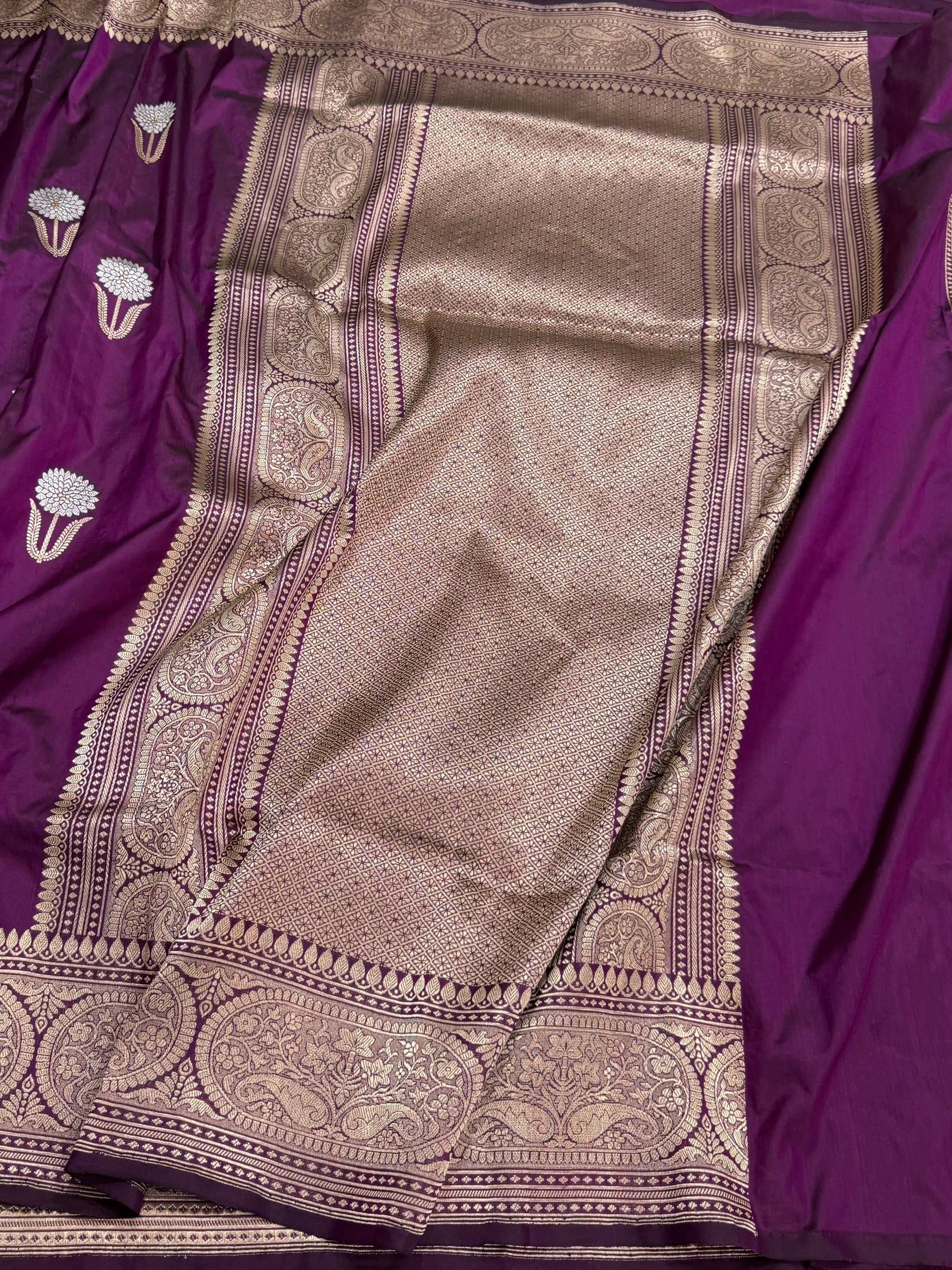 Magenta Handwoven Pure Banarasi Katan Silk Saree | Kadwa Weave | Gold & Silver Zari | Pure Silk Handloom Saree - Image 3