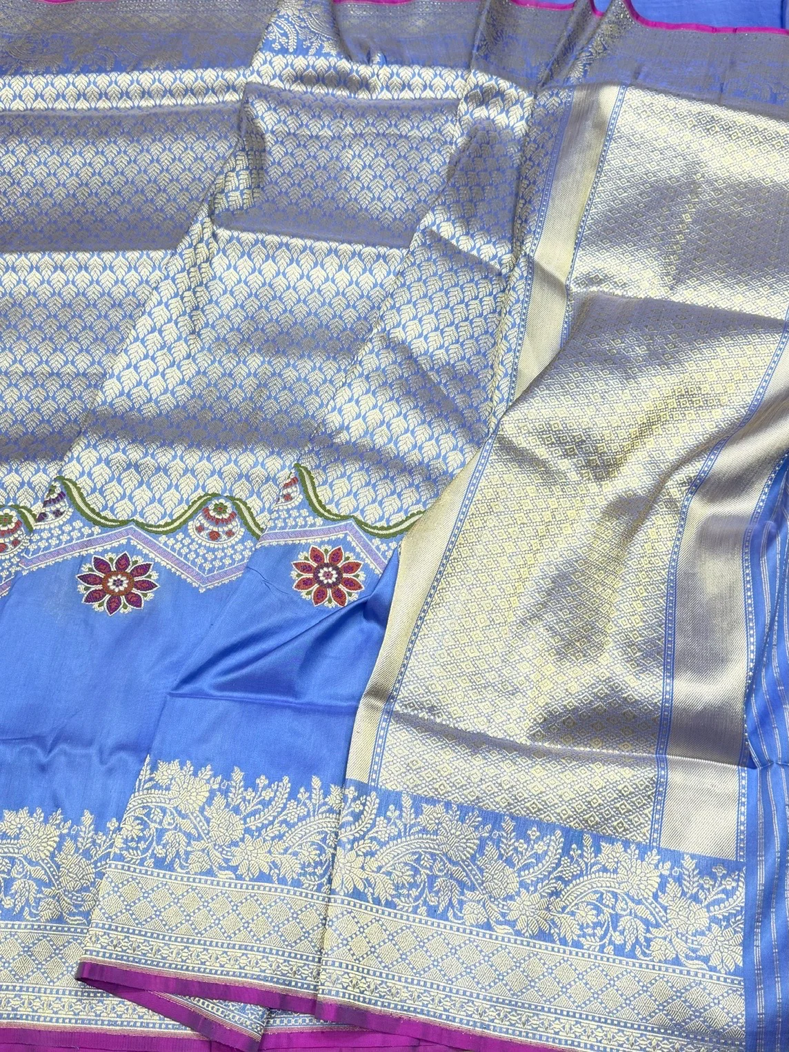 Sky Blue Handwoven Pure Banarasi Silk Saree in Kadwa Weave | Authentic Katan Mulberry Silk - Image 3