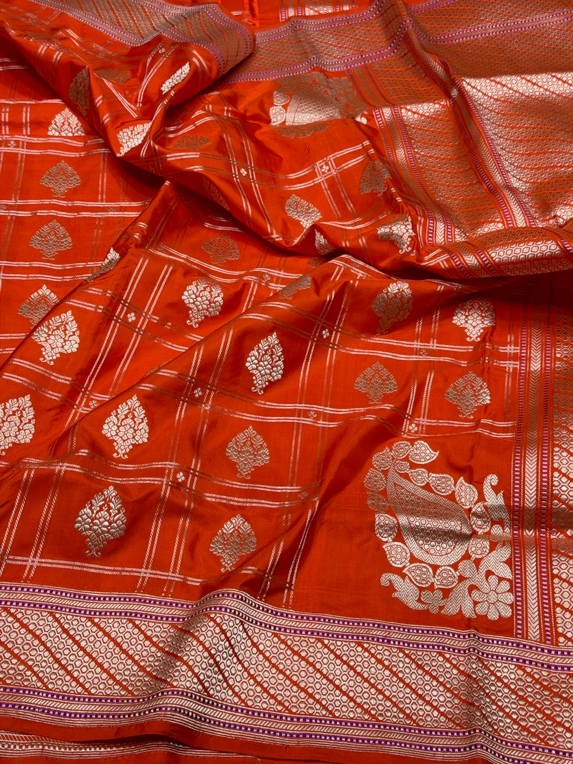 Orange Handwoven Pure Banarasi Silk Saree – Kadwa Katan Mulberry Silk | Authentic Banaras Handloom