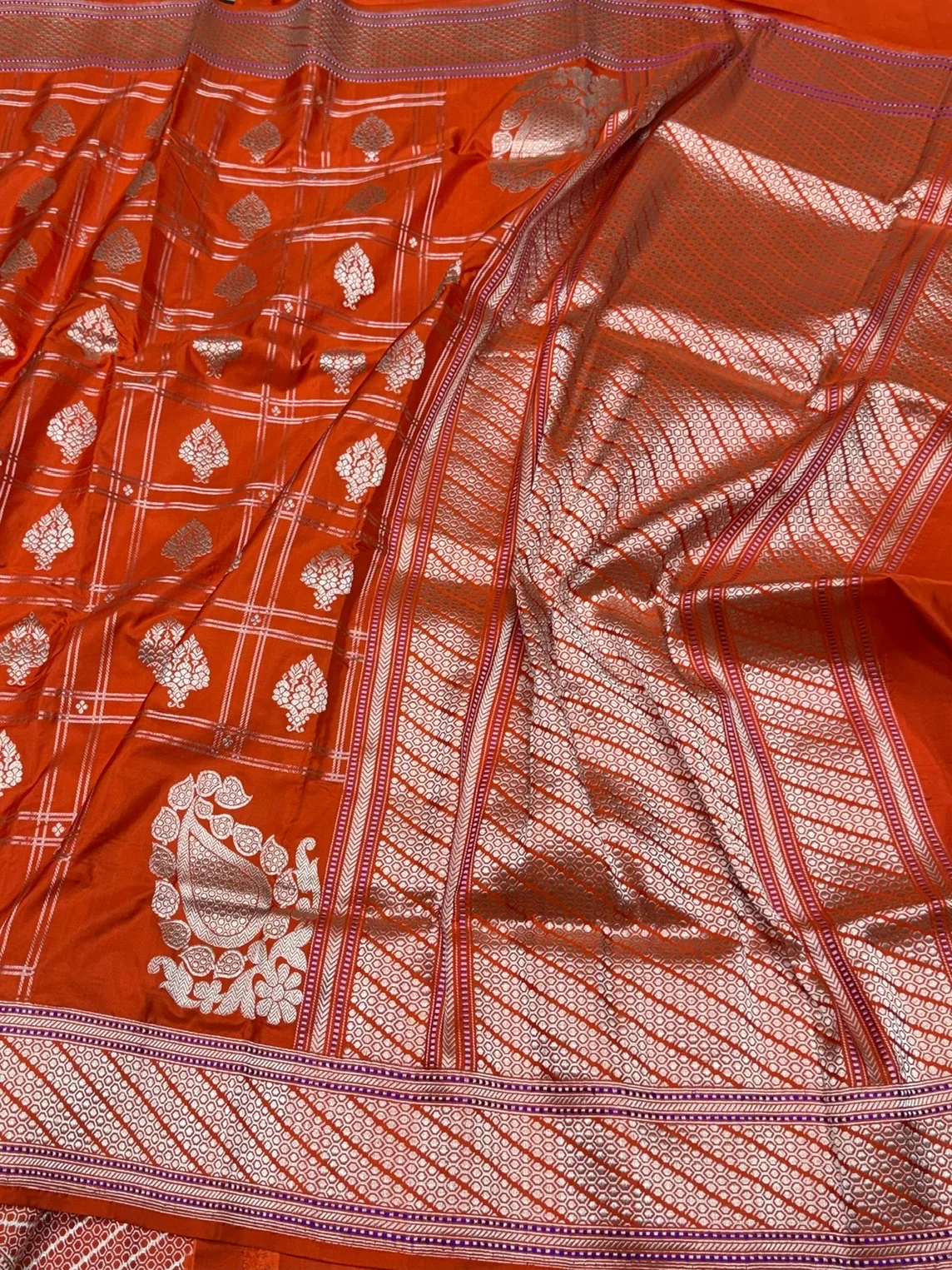 Orange Handwoven Pure Banarasi Silk Saree – Kadwa Katan Mulberry Silk | Authentic Banaras Handloom - Image 3
