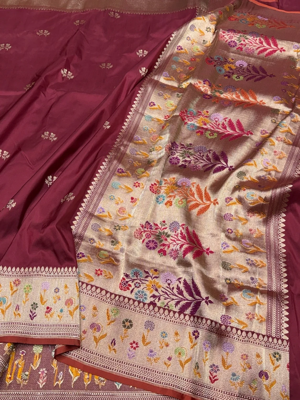 Wine Handwoven Pure Banarasi Silk Saree – Kadwa Katan Mulberry Silk | Authentic Banaras Handloom - Image 3