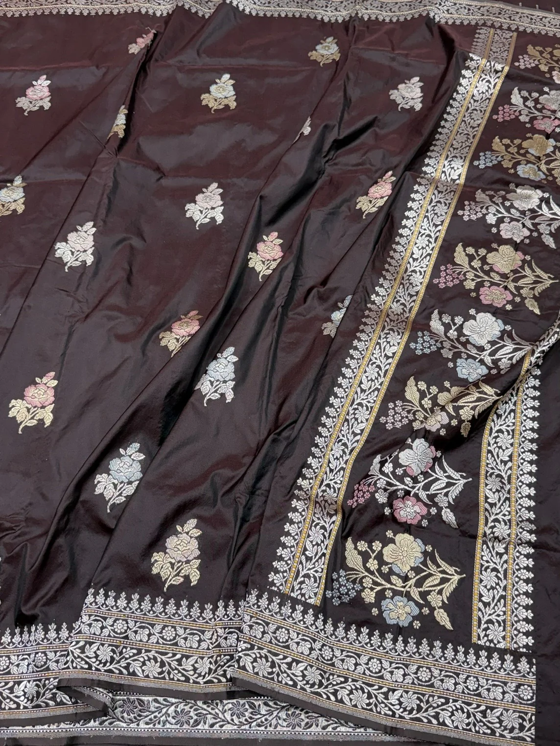 Coffee Brown Handwoven Pure Banarasi Silk Saree – Kadwa Weave, Pure Katan-Mulberry Silk - Image 3