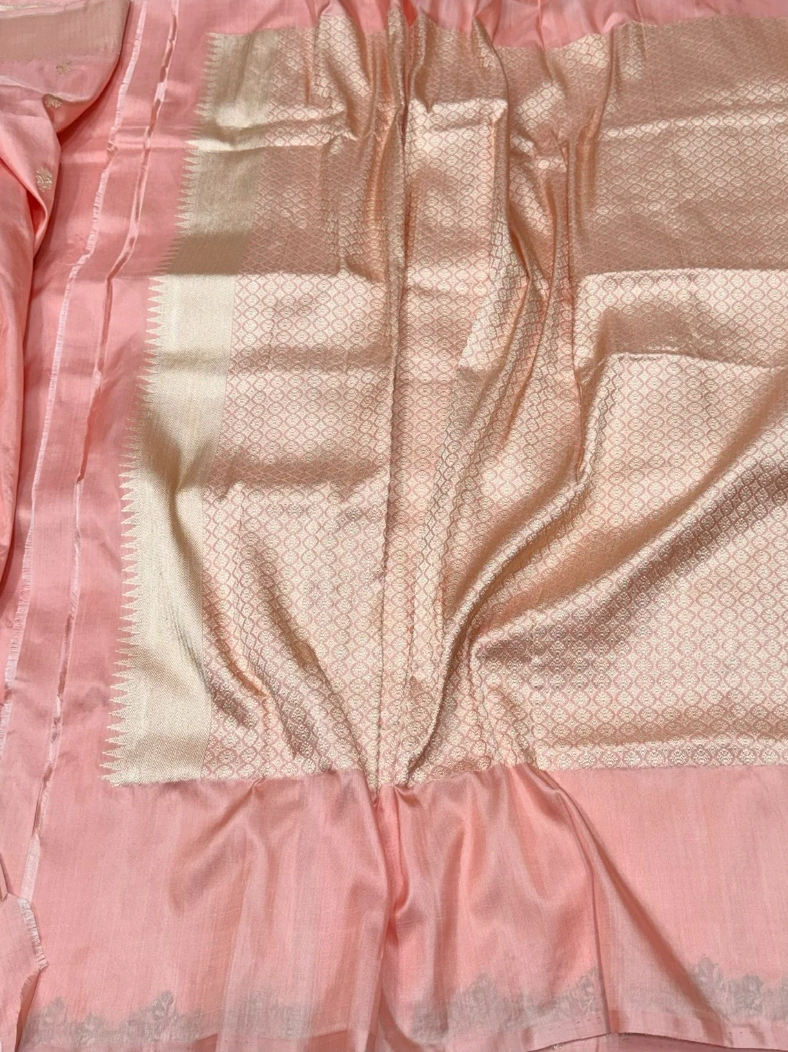 Peach Handwoven Pure Banarasi Silk Saree in Kadwa Weave – Katan Silk with Skirt Pattern Design - Image 2