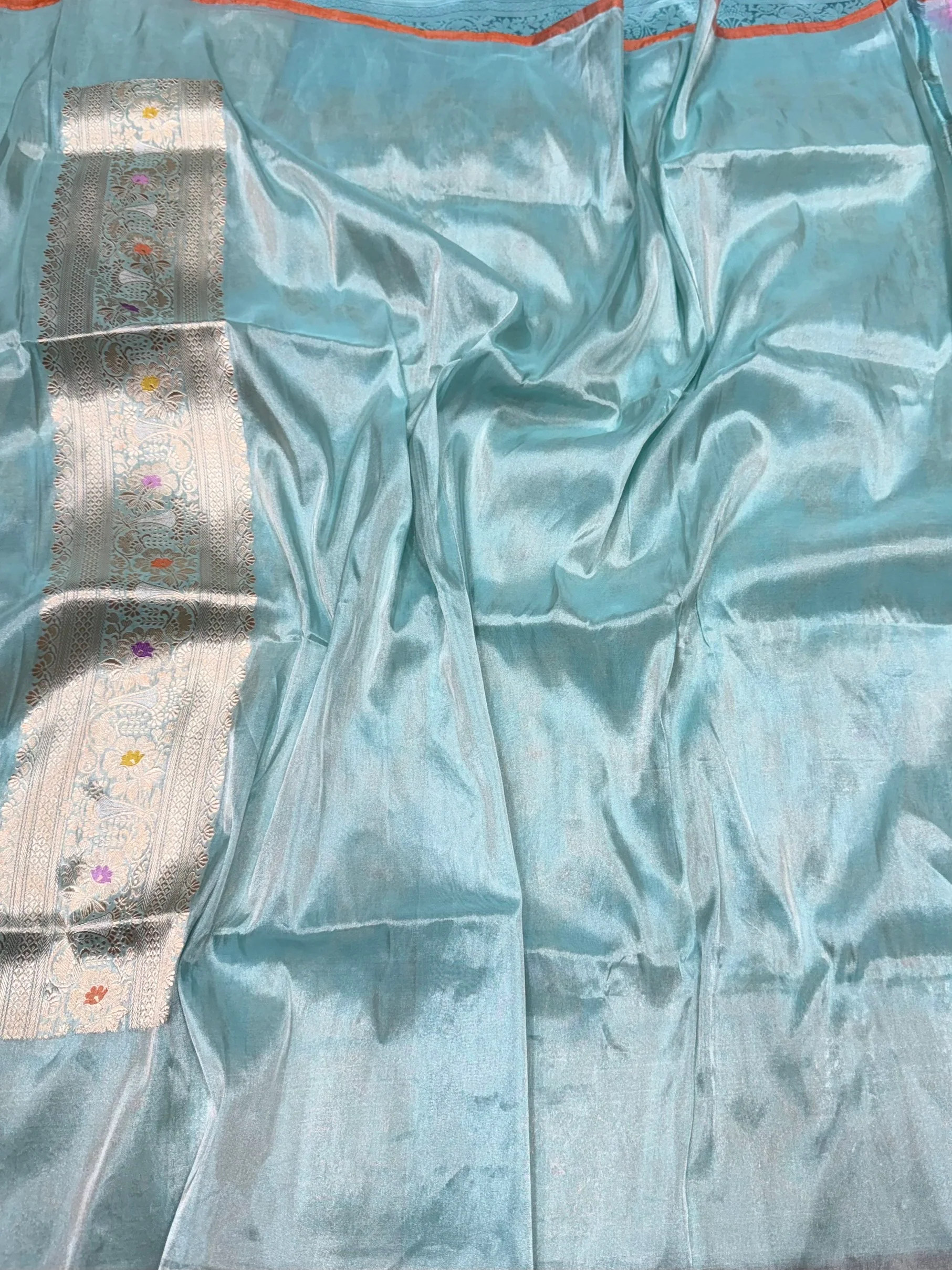Sky Blue Handwoven Pure Banarasi Tissue Saree - Image 2