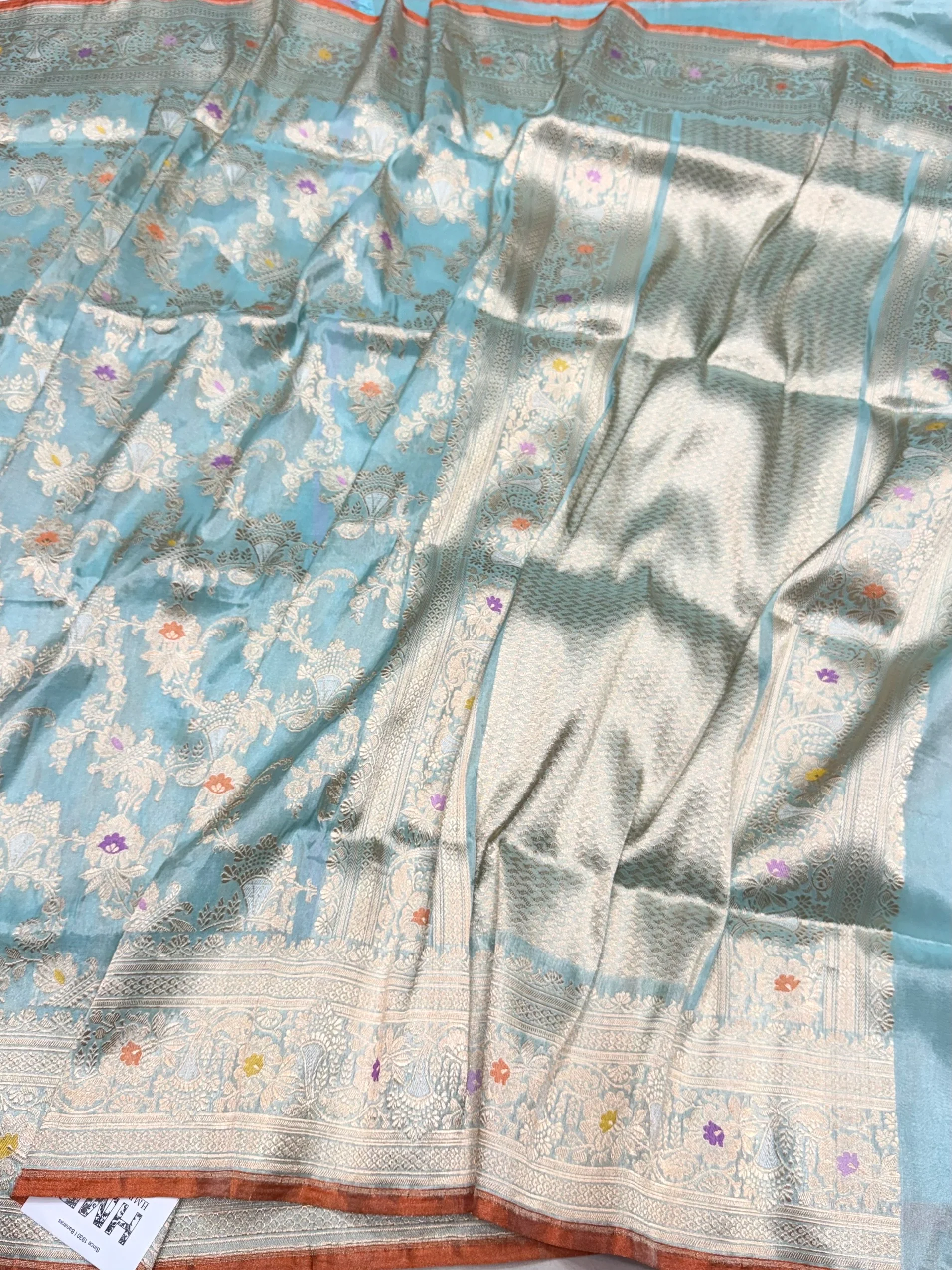 Sky Blue Handwoven Pure Banarasi Tissue Saree - Image 3