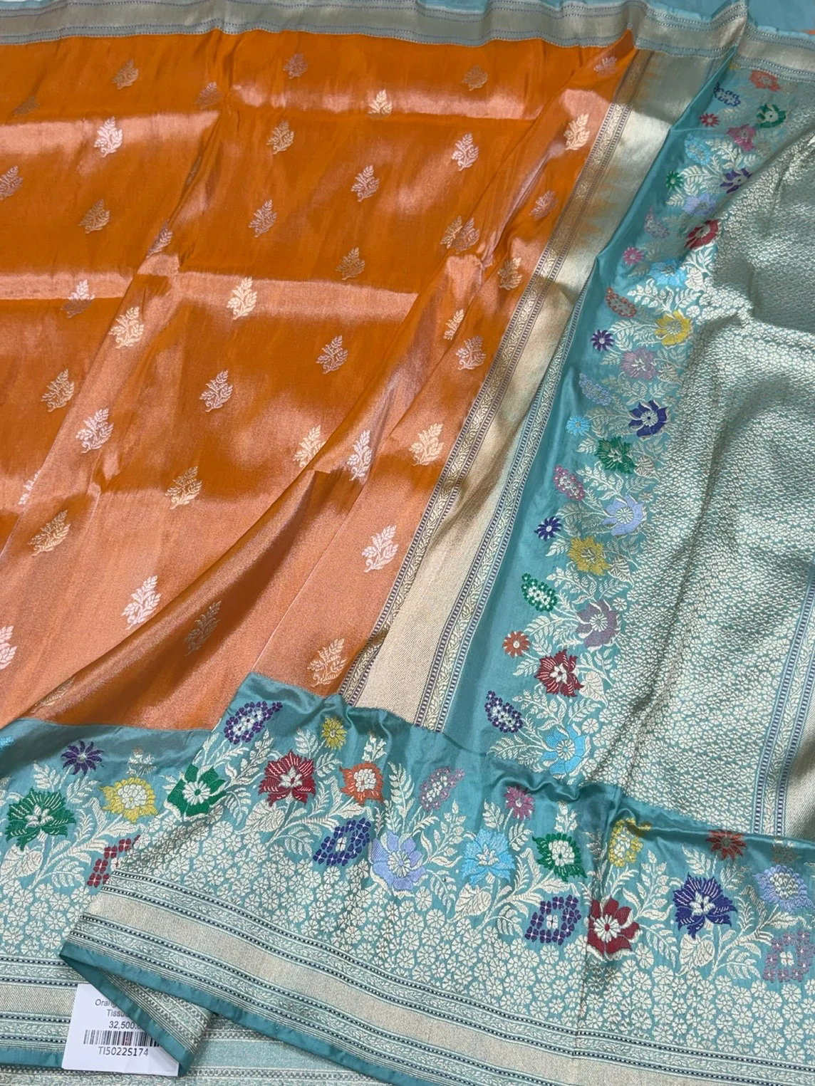 Orange Handwoven Pure Banarasi Tissue Saree - Image 3