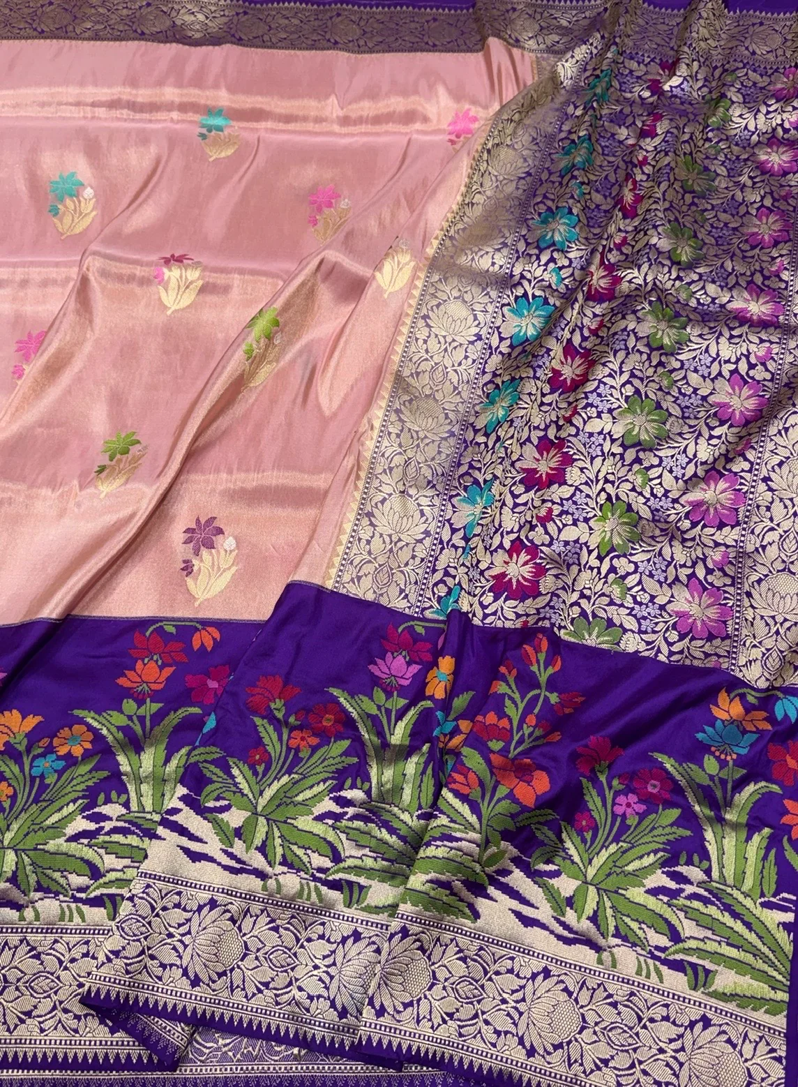 Peach Handwoven Pure Banarasi Tissue Saree - Image 3
