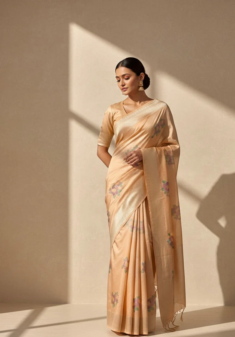 Peach Gold Handwoven Pure Banarasi Tissue Saree – Kadwa Weave, Pure Tissue Silk - Image 2