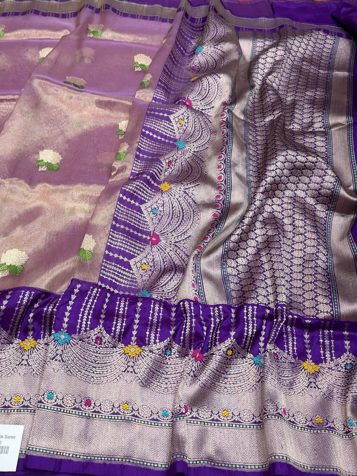 Purple Handwoven Pure Banarasi Tissue Saree - Image 3