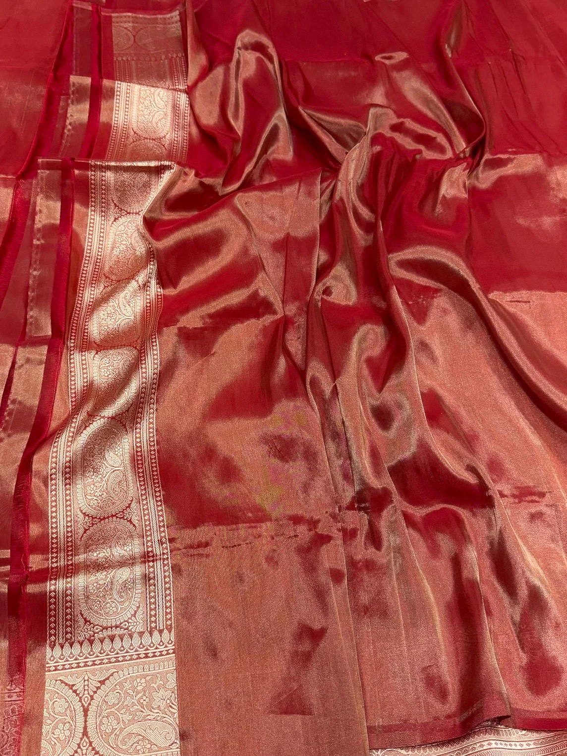 Rust Brown Handwoven Pure Banarasi Tissue Silk Saree - Image 2