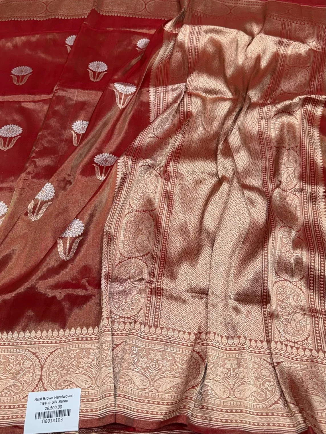Rust Brown Handwoven Pure Banarasi Tissue Silk Saree - Image 3