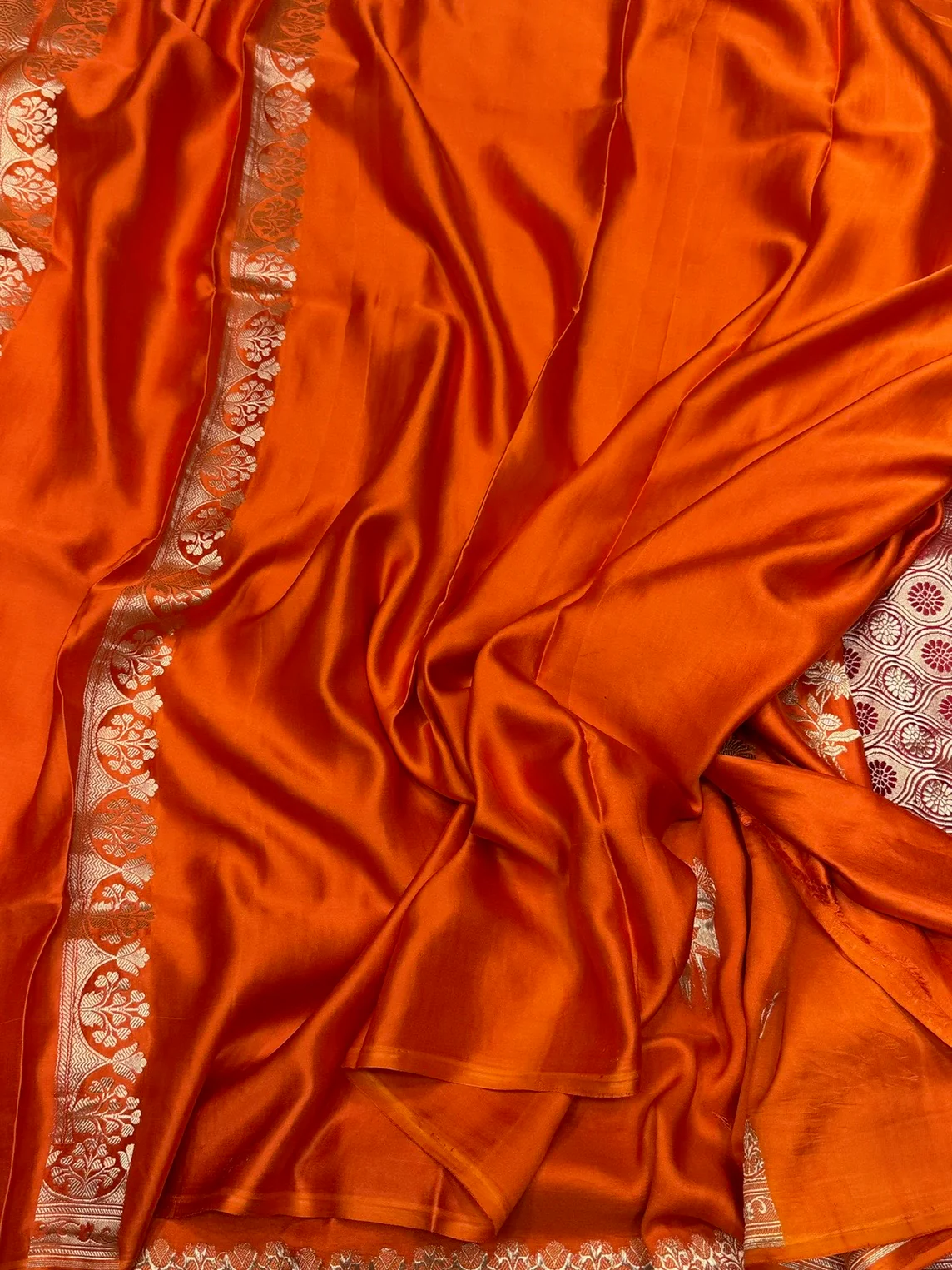 Orange Handwoven Pure Mashru Banarasi Satin Silk Saree - Image 2
