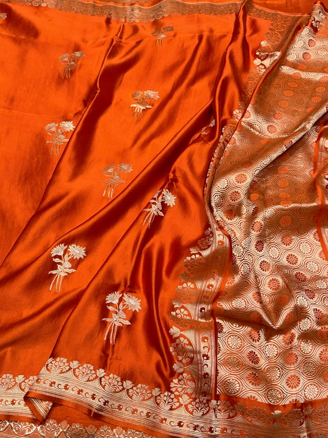 Orange Handwoven Pure Mashru Banarasi Satin Silk Saree - Image 3