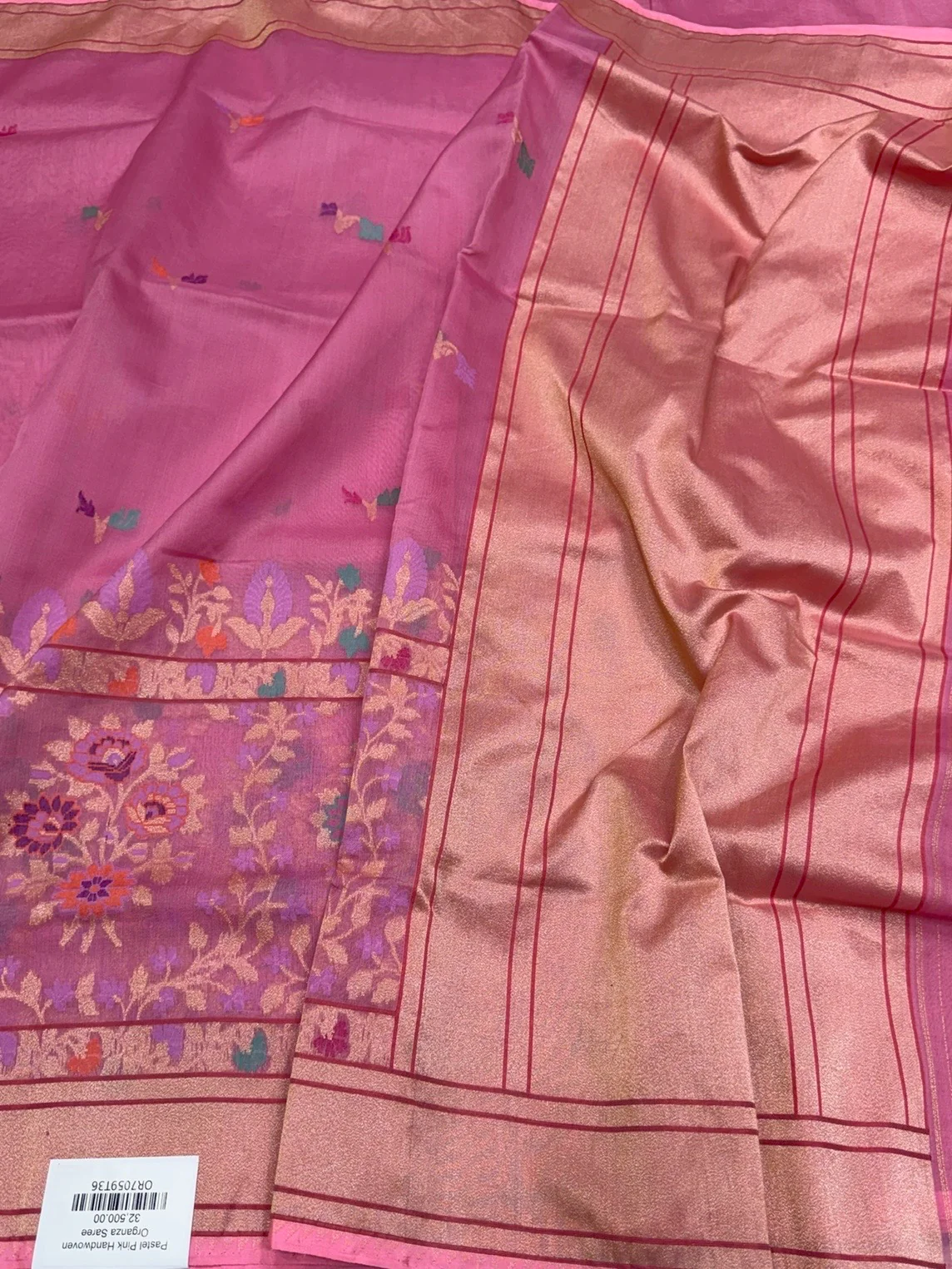Pastel Pink Handwoven Pure Organza Silk Saree - Image 3