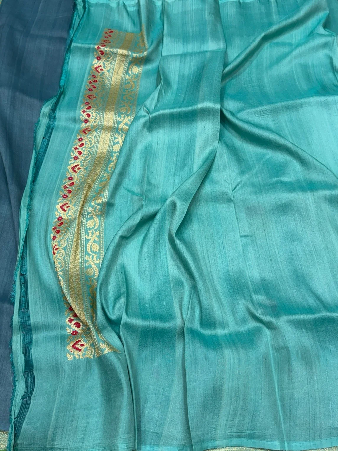 Sky Blue Handwoven Pure Tussar Georgette Saree - Image 2