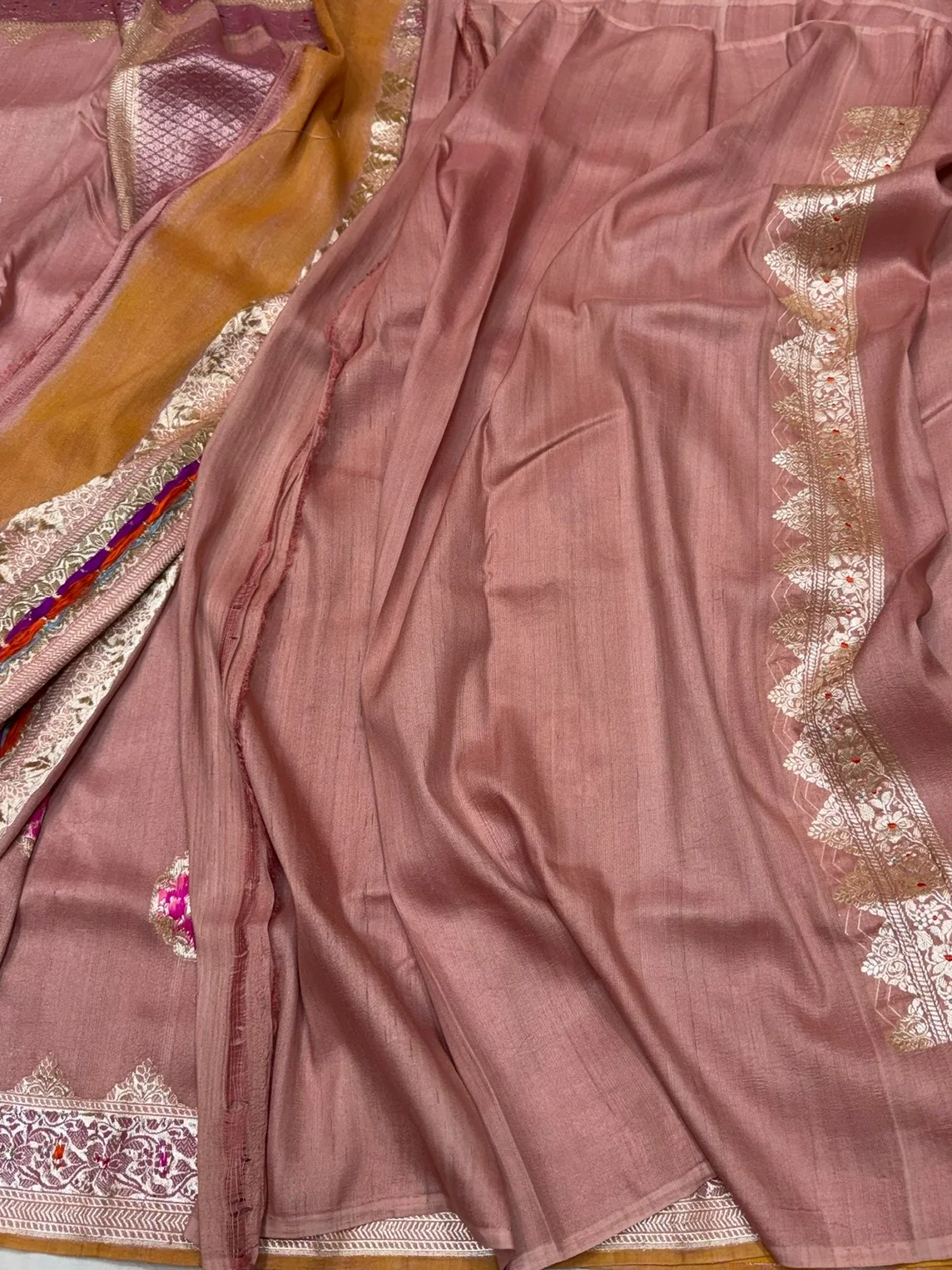 Peach handwoven Pure Tussar Georgette Saree - Image 2