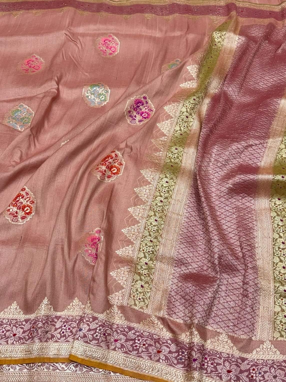 Peach handwoven Pure Tussar Georgette Saree - Image 3
