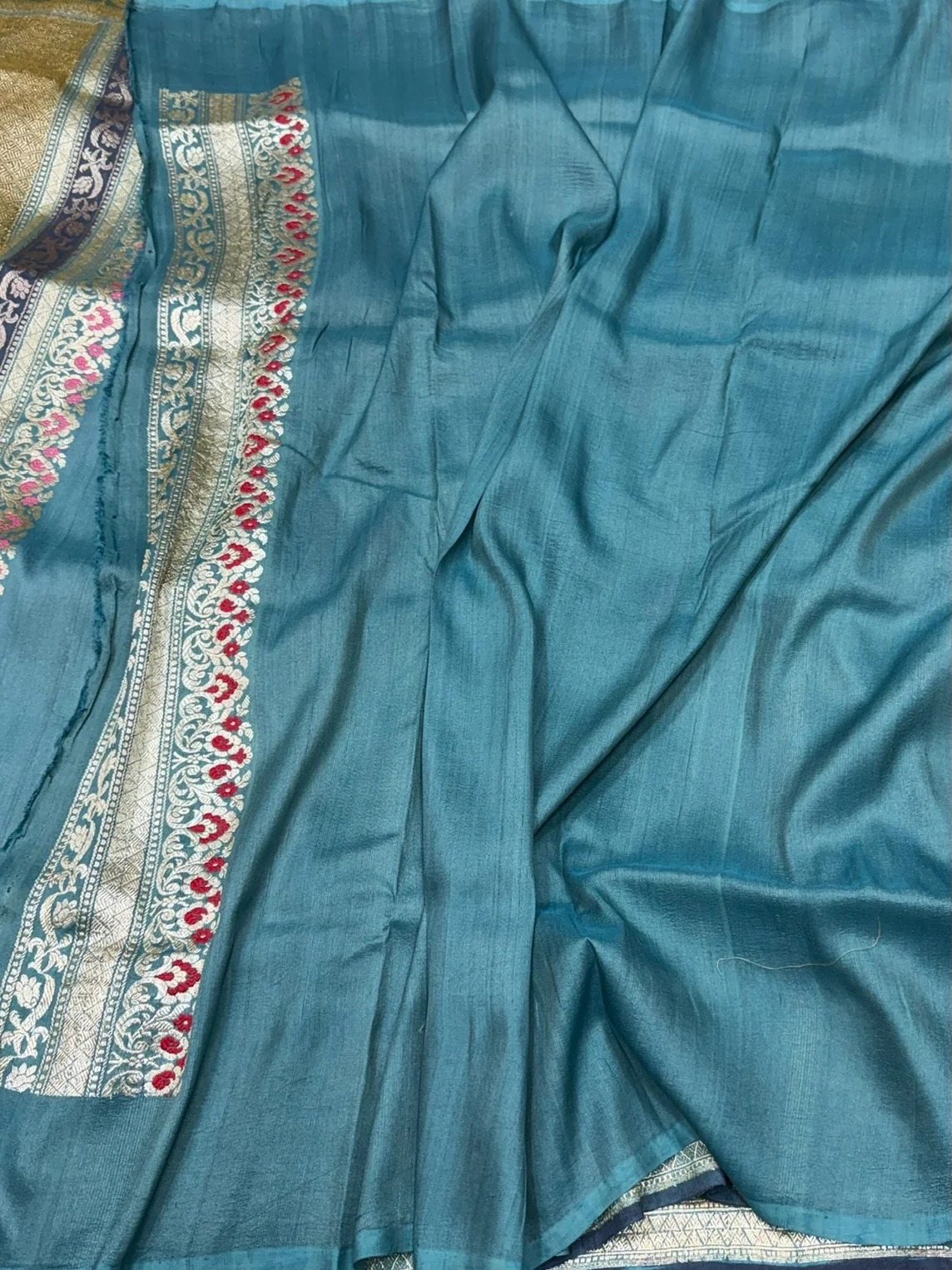 Powder Blue Handwoven Pure Tussar Georgette Saree - Image 2