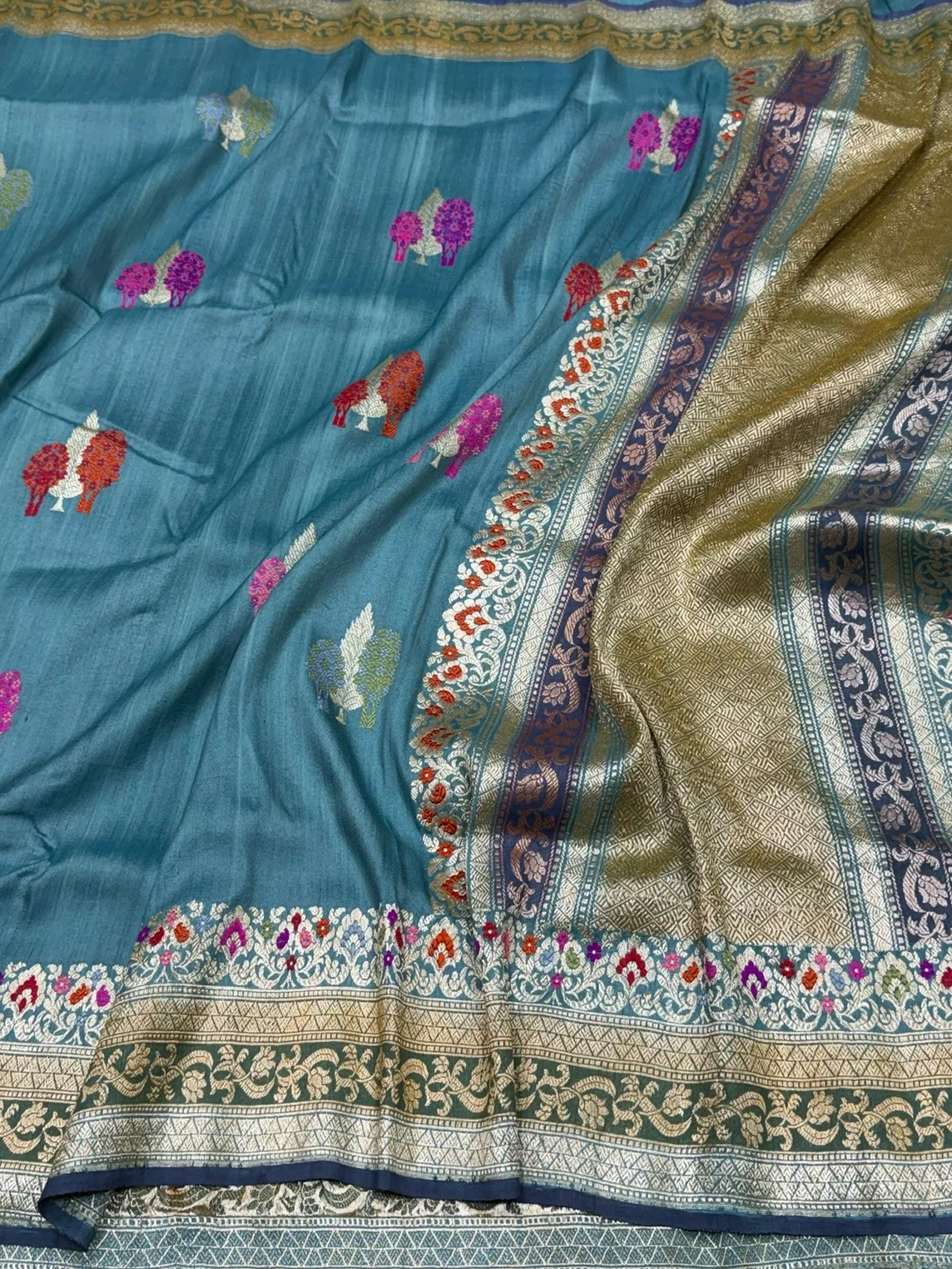 Powder Blue Handwoven Pure Tussar Georgette Saree - Image 3