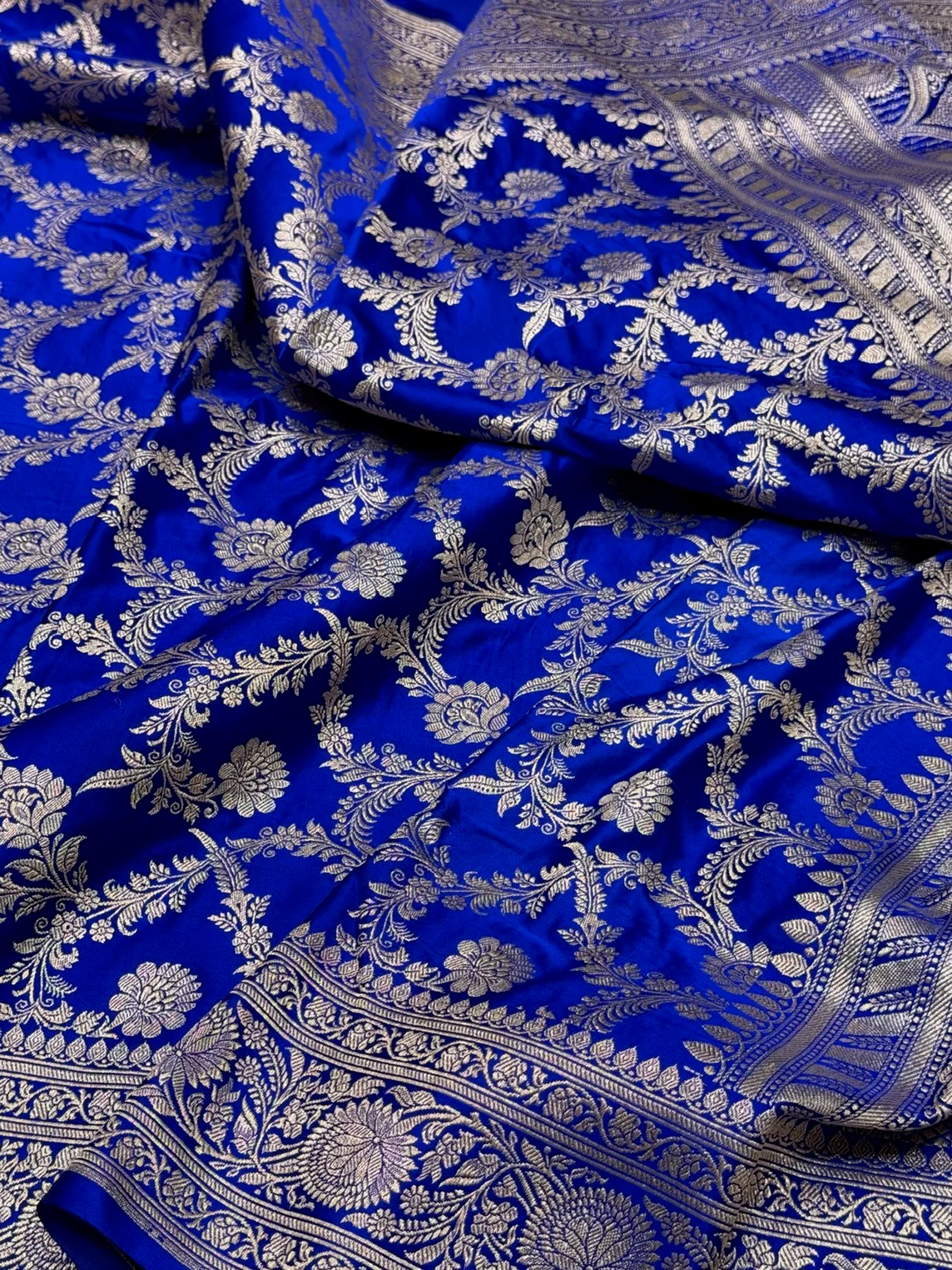 Royal Blue Handwoven Vintage Pure Banarasi Satin Silk Saree – Cutwork Weave, Pure Satin Silk