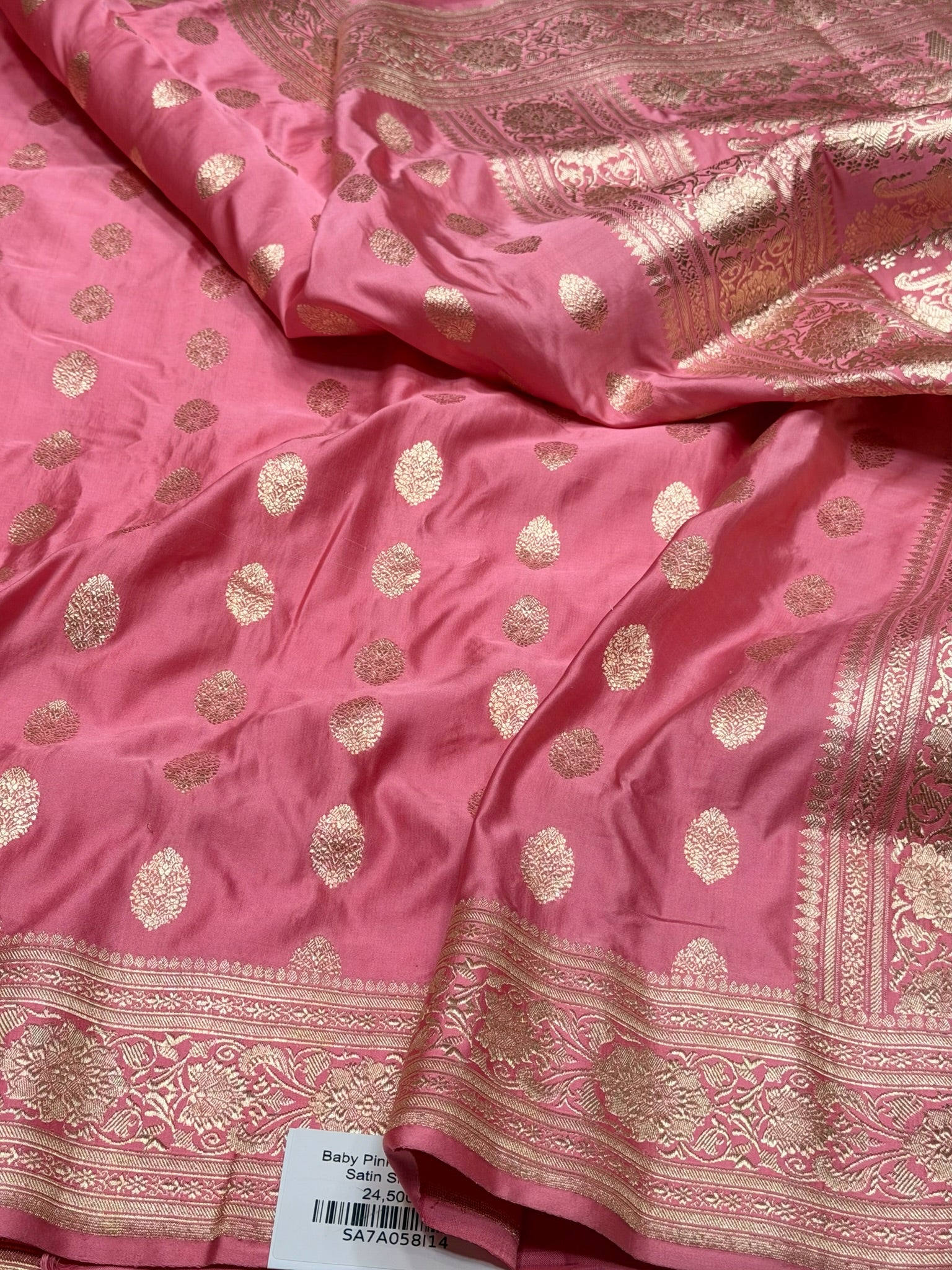 Baby Pink Handwoven Vintage Pure Banarasi Satin Silk Saree – Cutwork Weave, Pure Satin Silk