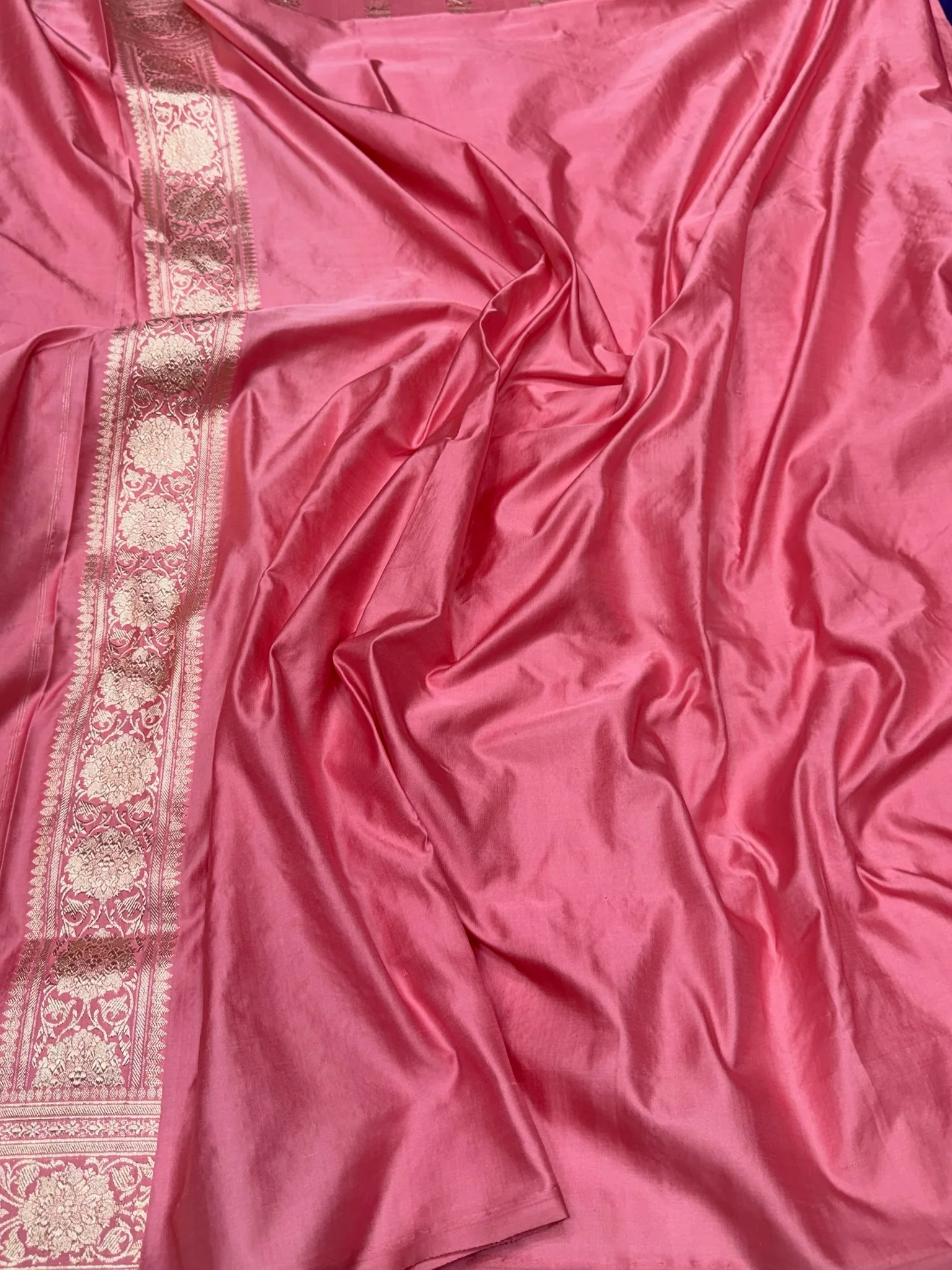 Baby Pink Handwoven Vintage Pure Banarasi Satin Silk Saree – Cutwork Weave, Pure Satin Silk - Image 2
