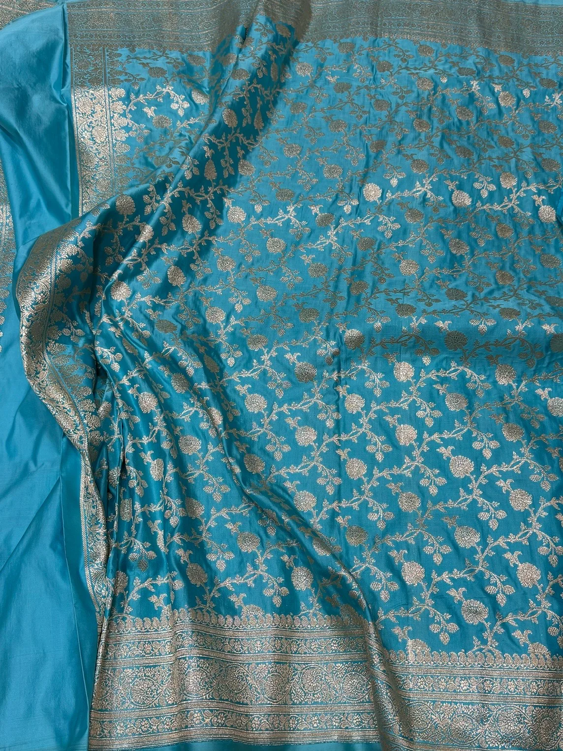 Sky Blue Handwoven Vintage Pure Banarasi Satin Silk Saree - Image 3