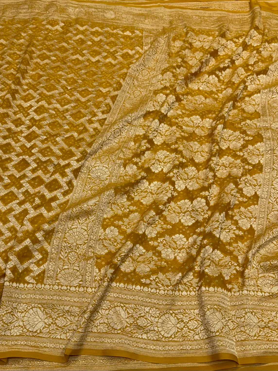 Mustard Yellow Banarasi Pure Bandhej Georgette Saree – Luxury Cutwork Brocade Festive Saree - Image 3