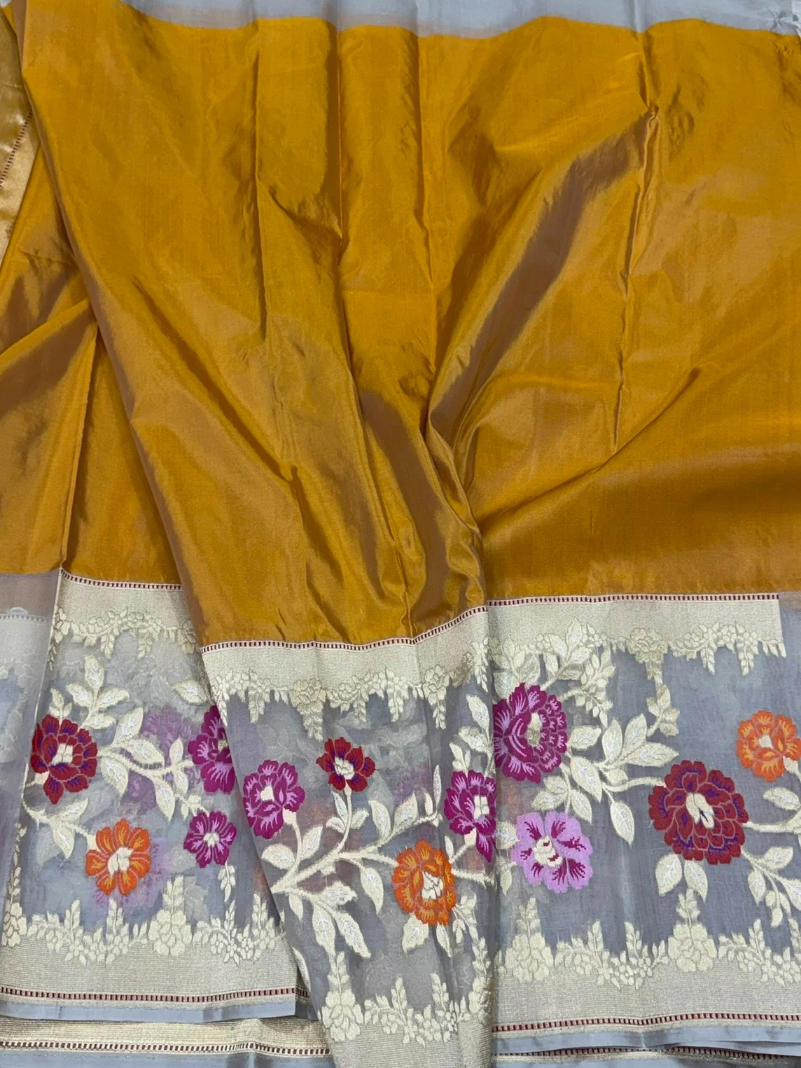 Mustard Yellow Handwoven Pure Banarasi Katan Silk Saree – Kadwa Iktara Weave, Organza Skirt Border Pure Mulberry Silk - Image 2