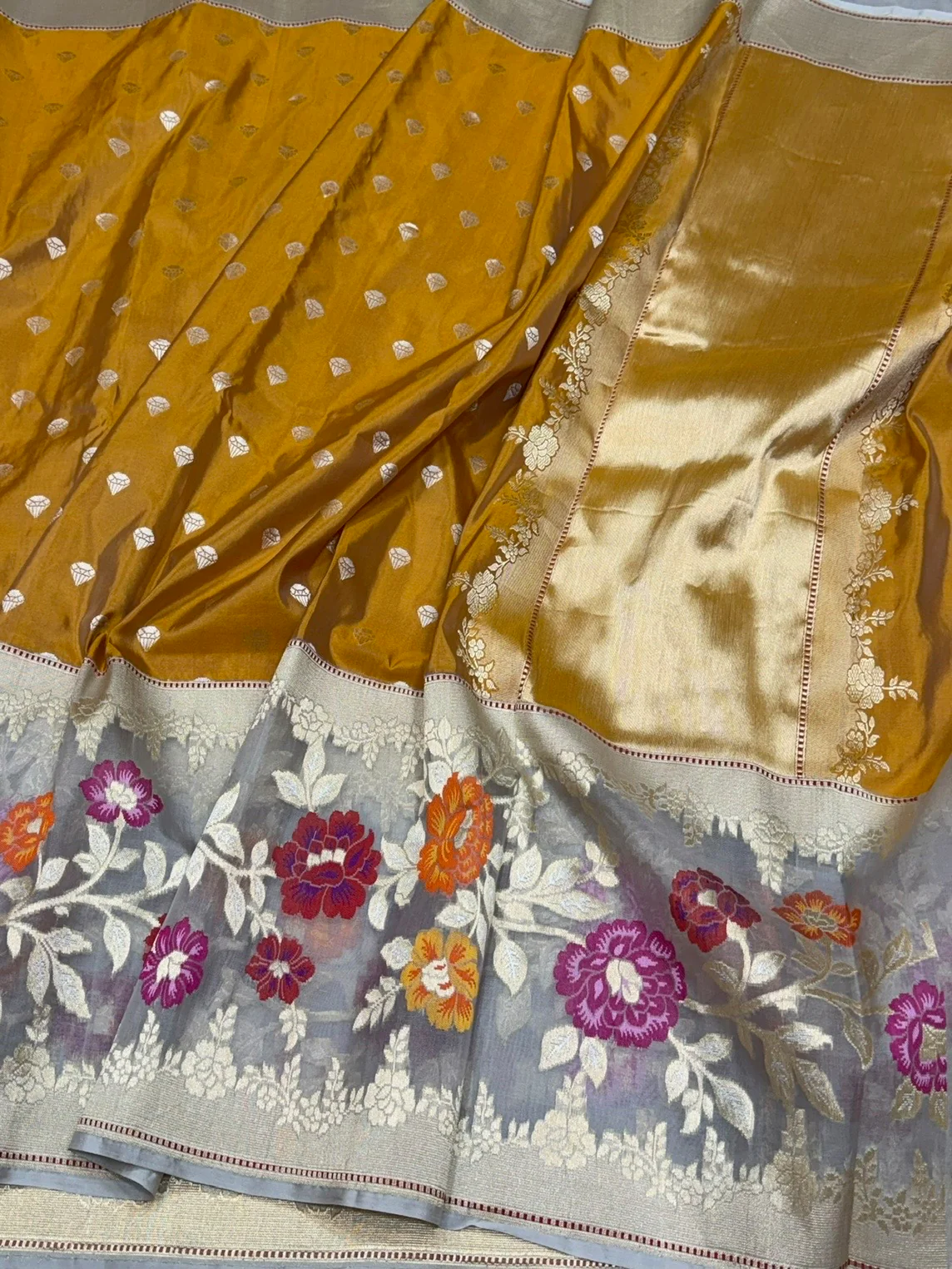 Mustard Yellow Handwoven Pure Banarasi Katan Silk Saree – Kadwa Iktara Weave, Organza Skirt Border Pure Mulberry Silk - Image 3