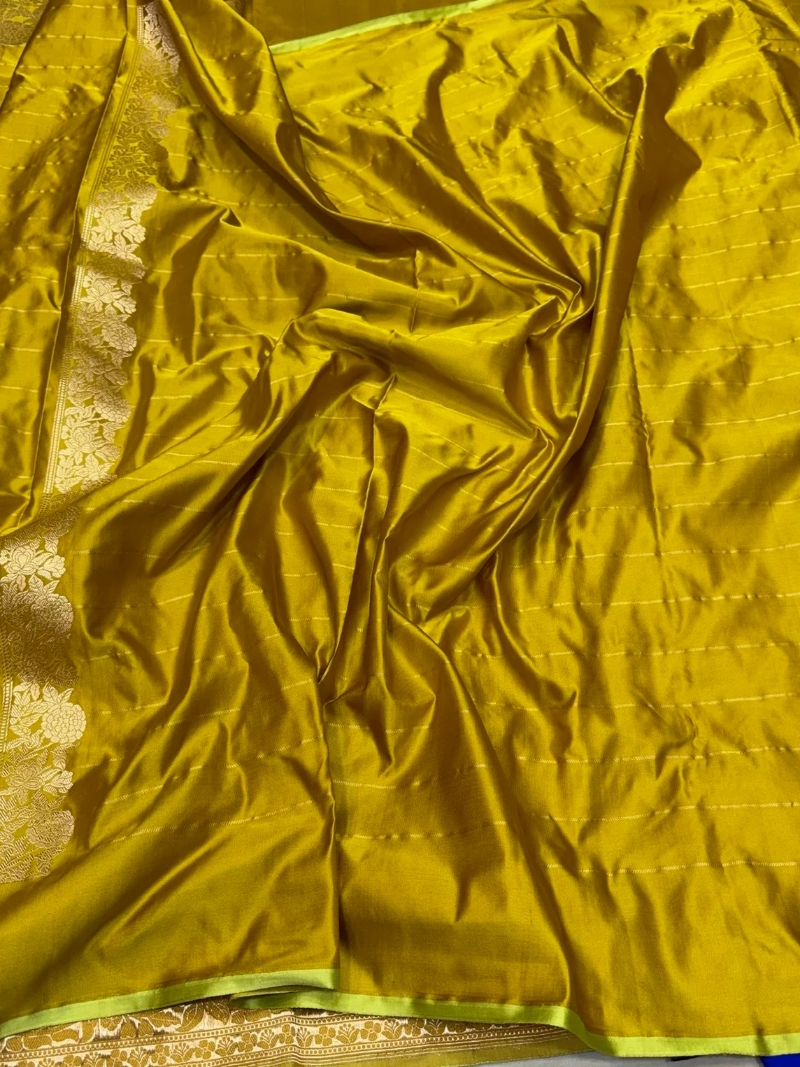 Mustard Yellow Handwoven Pure Banarasi Mashru Satin Silk Saree - Image 2