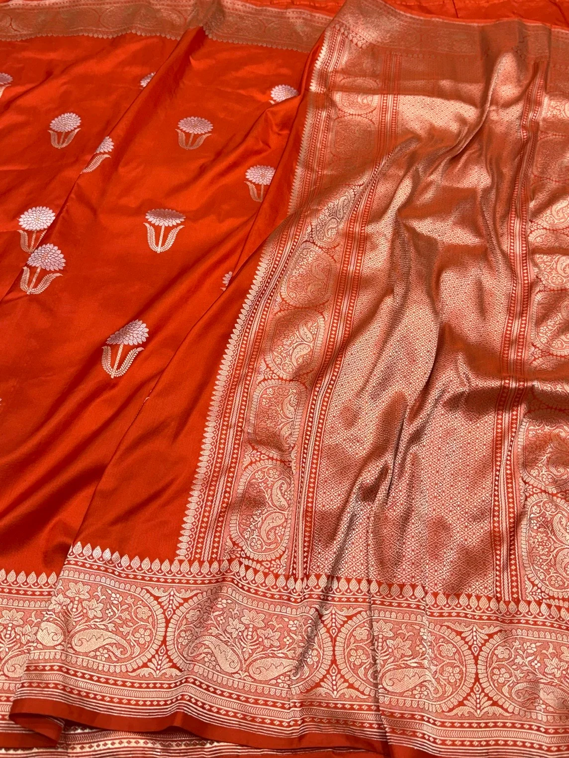 Orange Handwoven Pure Banarasi Katan Silk Saree - Image 3