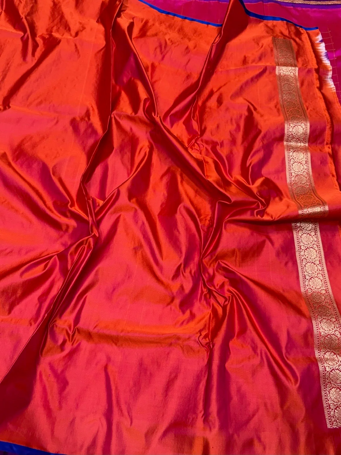 Orange Handwoven Pure Banarasi Satin Silk Saree - Image 2