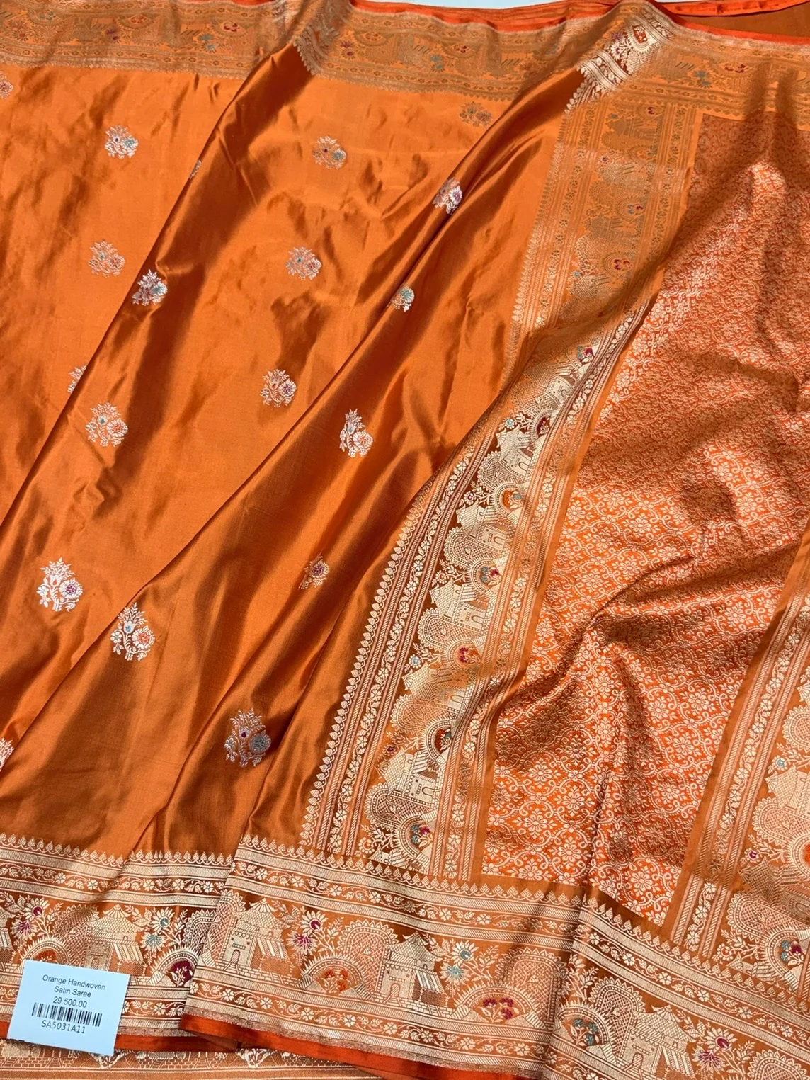 Orange Handwoven Pure Banarasi Satin Silk Saree - Image 2